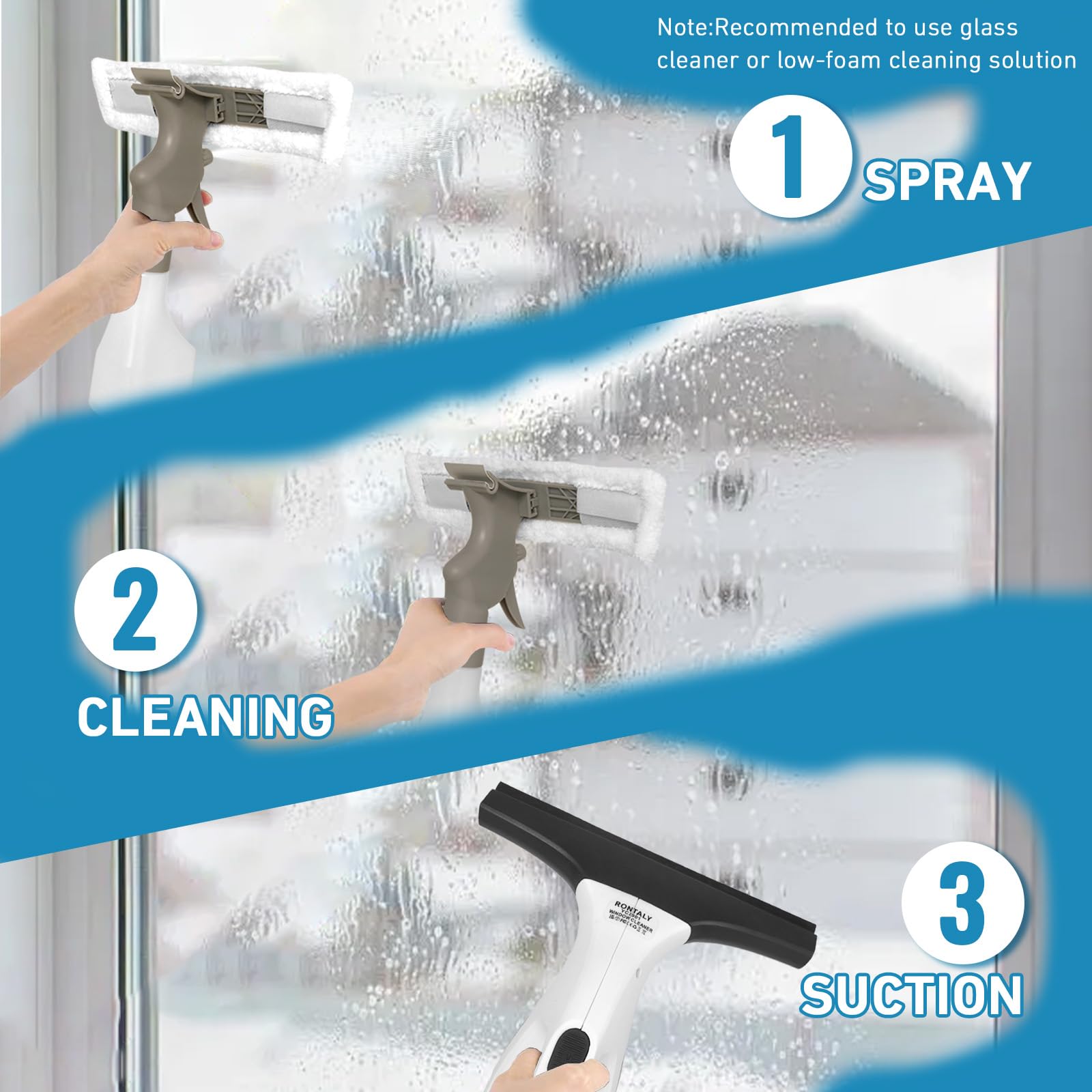 Aspirador de ventana con batería con función de pulverización – 3 en 1 limpiador de cristales para aspirar, limpiar y rociar, sin rayas, para ventanas, espejos, azulejos y superficies lisas