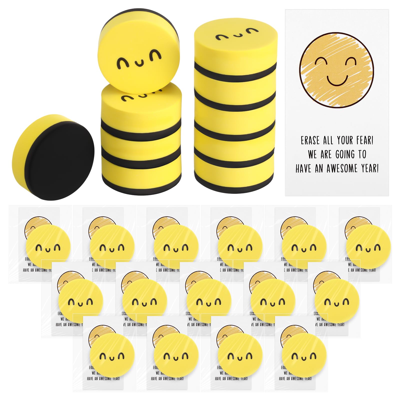 Lincia 24 Set Smile Magnetic Whiteboard Erasers Bulk with Motivational Cards Mini Cute Dry Eraser Chalkboard Cleansers Wiper for Kids Students