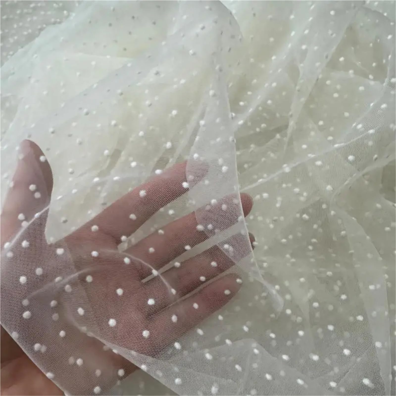 50cm Beige Black White Flocking Dot Voile Net Fabric See Through Drape Fabric Tulle Mesh Craft Material for Curtains Fabric for Sewing(Beige)
