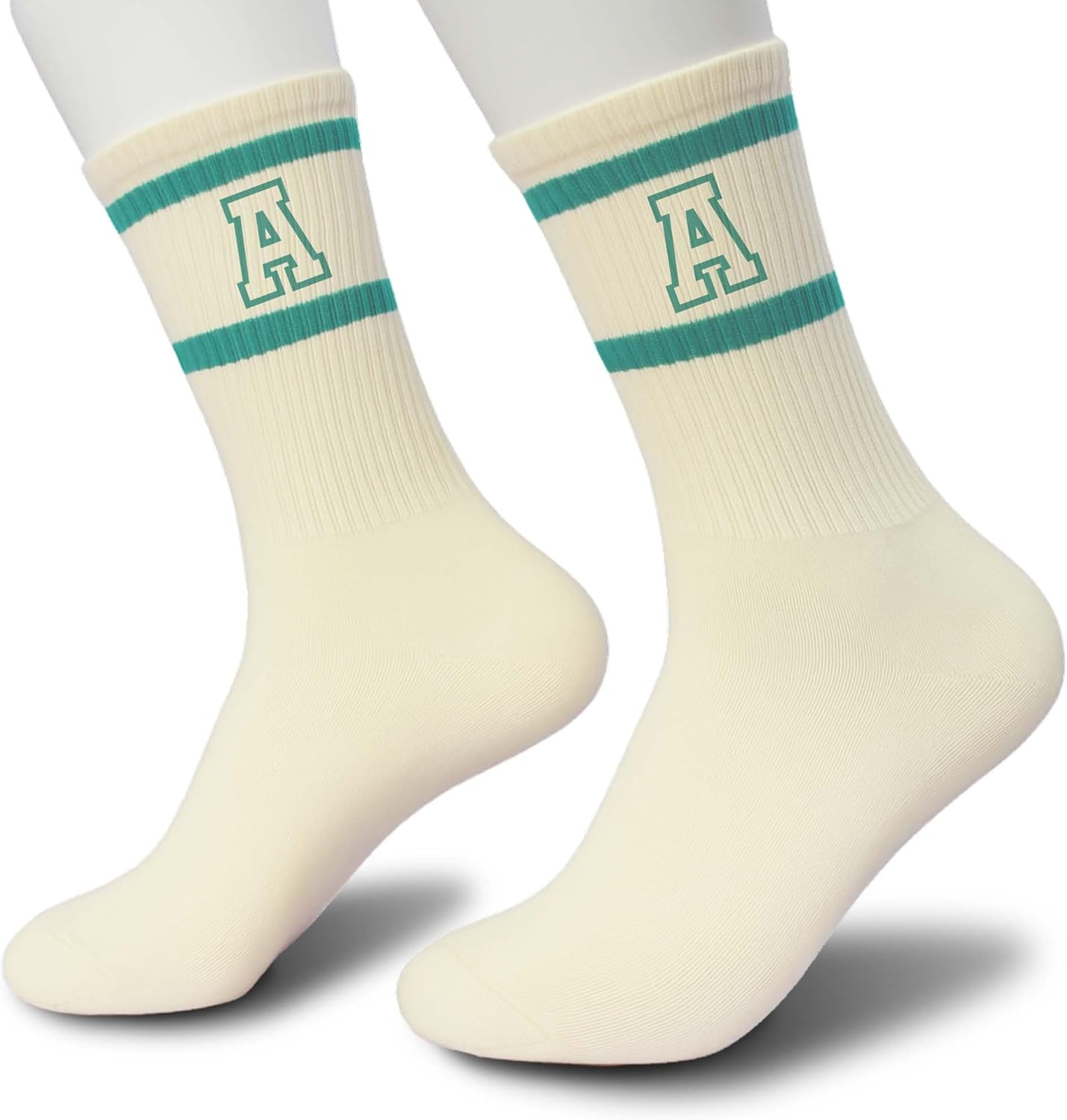 Forest Green and White Striped Crew Socks with the Letter, Classic Varsity Sports Style Monogram Socks - Image 4