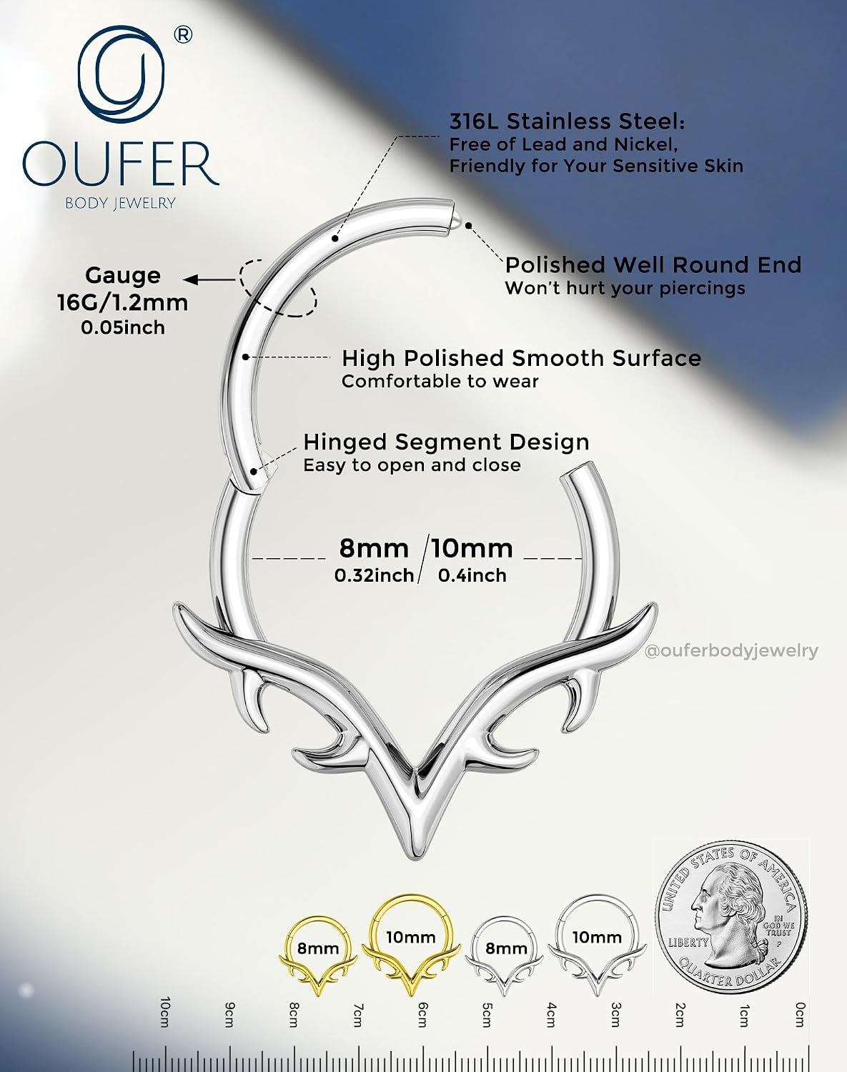 OUFER 16g Septum Rings, Blade Wings Septum Jewelry, V Shape Hinged Segment Clicker, Hypoallergenic Surgical Steel Nose Rings Hoops, Helix Daith Tragus Conch Piercing Jewelry for Women Men Silver/Gold