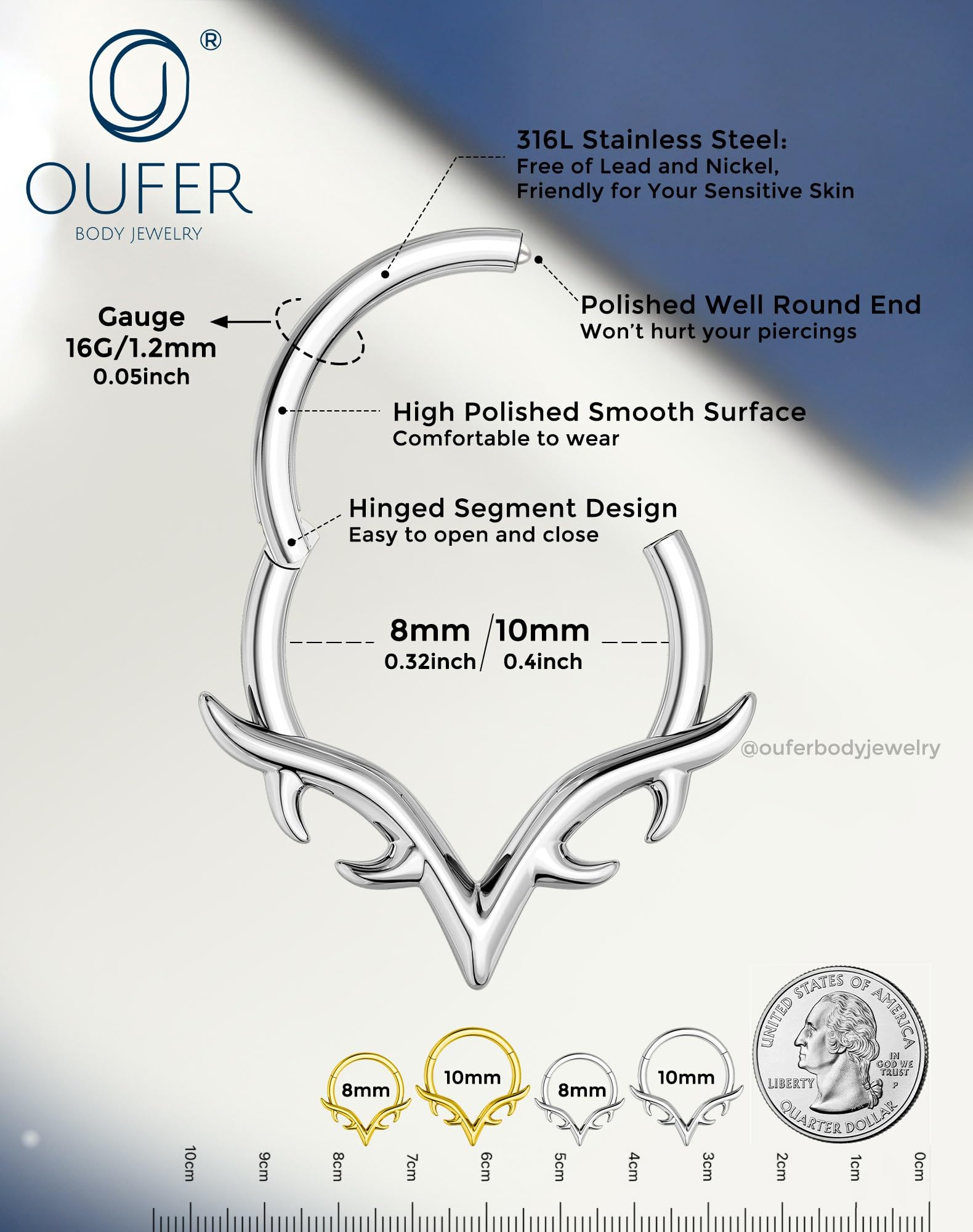 OUFER 16g Septum Rings, Blade Wings Septum Jewelry, V Shape Hinged Segment Clicker, Hypoallergenic Surgical Steel Nose Rings Hoops, Helix Daith Tragus Conch Piercing Jewelry for Women Men Silver/Gold: Silver 16G 10MM