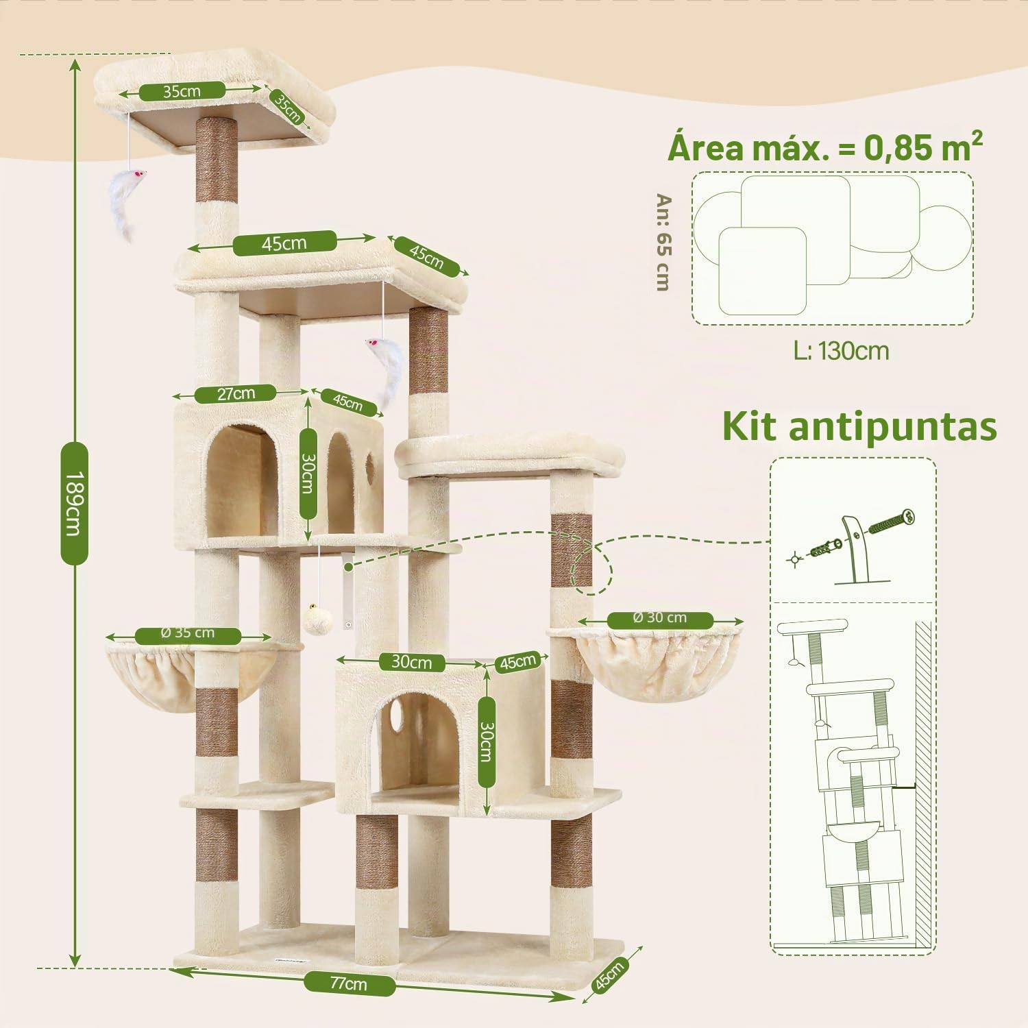 Globlazer Árbol Rascador para Gatos Grande Beige 189 cm Alto con 2 Nidos Grandes 45*30CM, 3 Plataforma Acolchada, 2 Cesta, Juguetes de Peluche, Estable Rascador para 3-5 Gatos Interior (F74F, Beige)