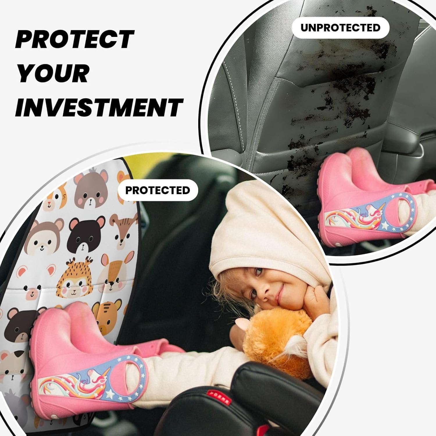 Cute Animal Zoo Kick Mat Back Seat Protector 2 Pcs Bear Giraffe Anti-Kick Storage Mat for Car Seats Water Resistant Backseat with Pocket Storage Organizer