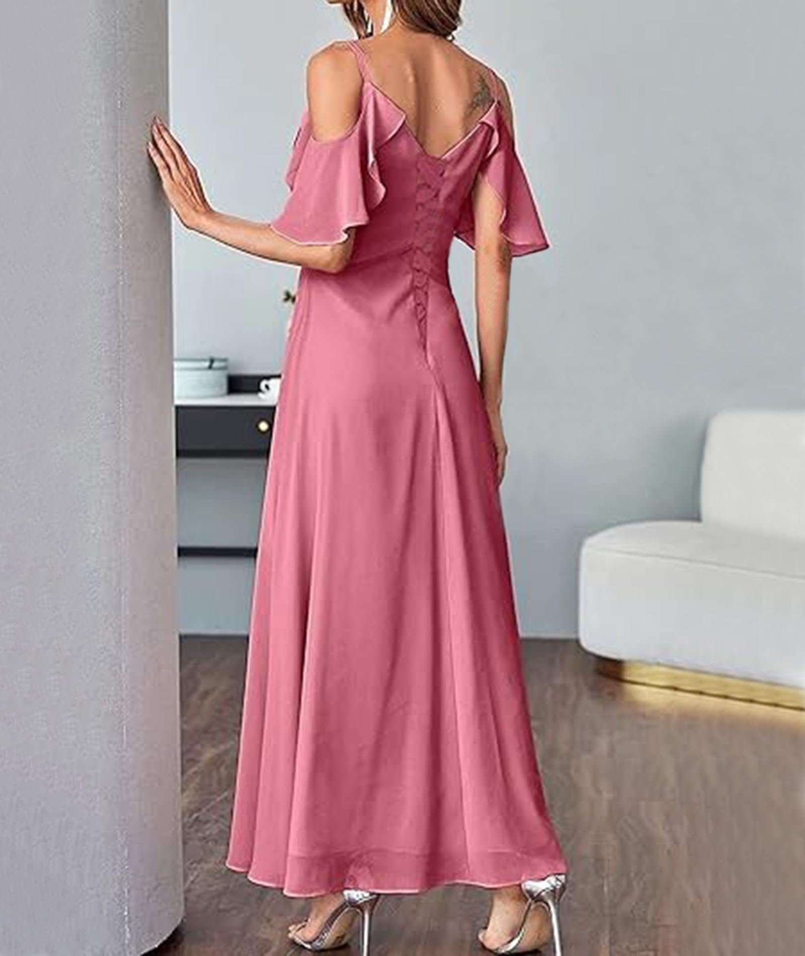 xxxiticat Vestido largo de gasa para mujer, cuello en V, tirantes delgados, vestido de baile de graduación, vestido de noche con abertura