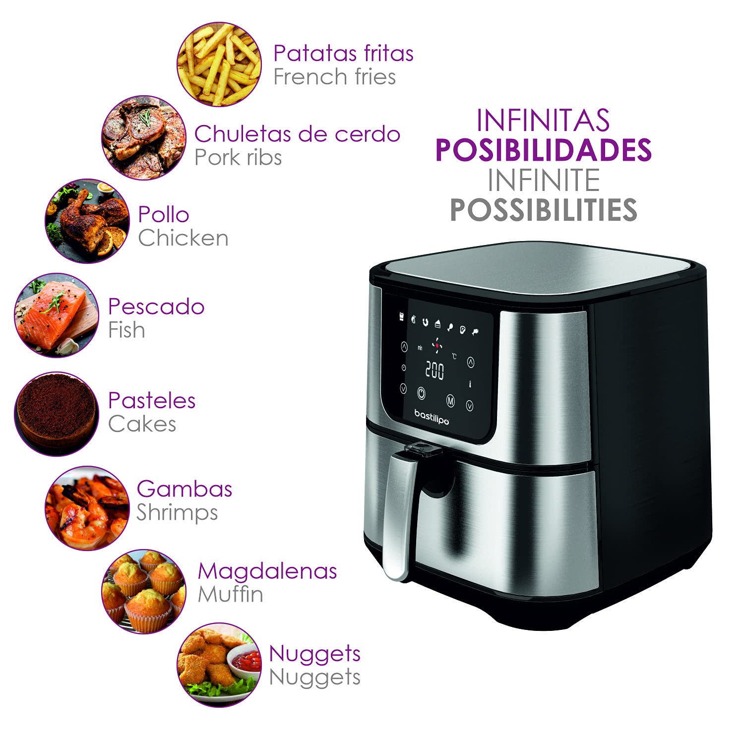 Dragon Air Fryer - Bastilipo - Freidora sin aceite 5,5L -Freidora de aire caliente con 7 programas -Con una potencia de 1800W y 60 min de temporizador - Pantalla LED - Sin BPA ni PFOA (AF-1800-0746)