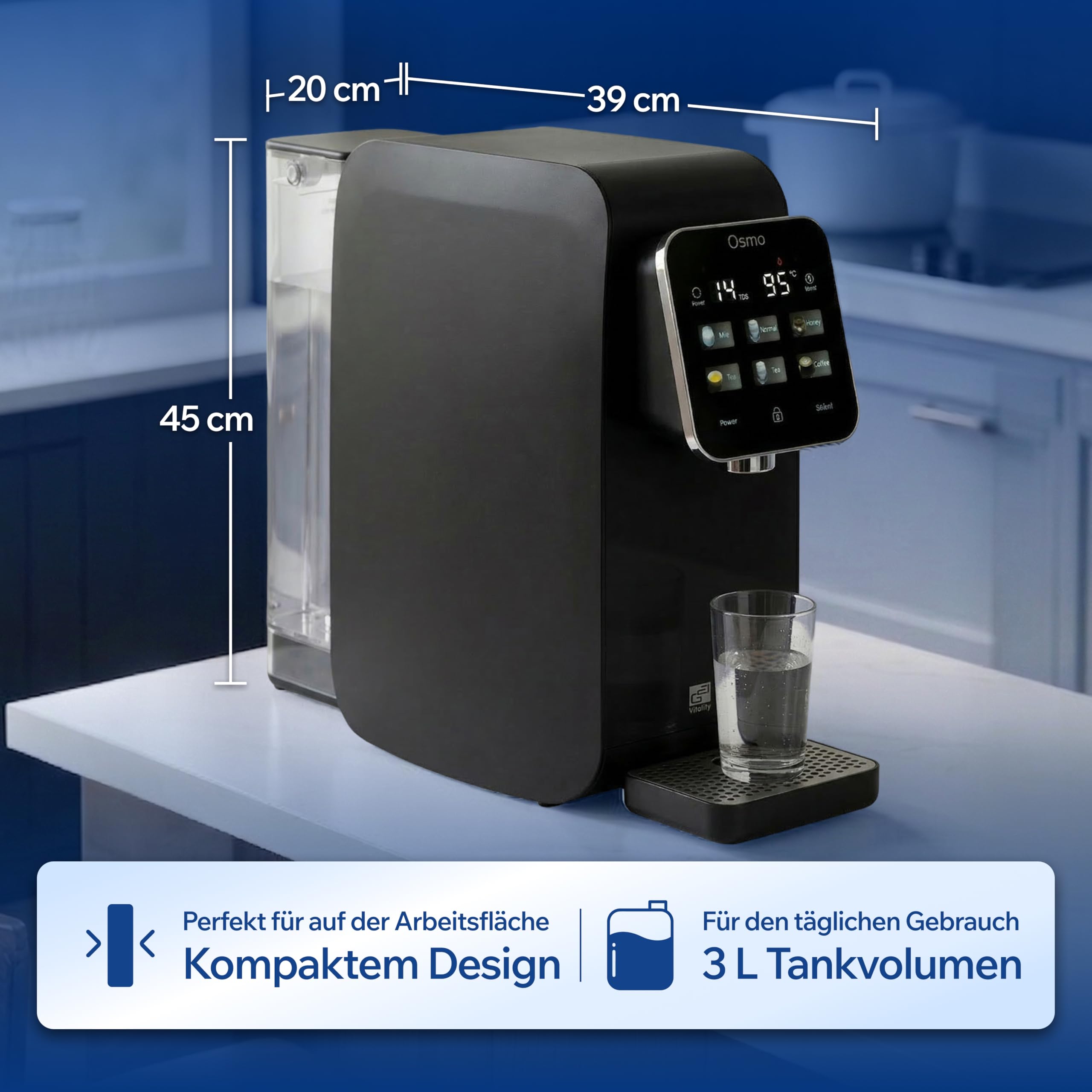 G21 Osmo Umkehrosmoseanlage Trinkwasser 3L 1:1 Rein- zu Abwasserverhältnis Heißwasserfunktion 6 Temperaturstufen 25-95°C Wasserqualitätsanzeige Kindersicherung Schwarz
