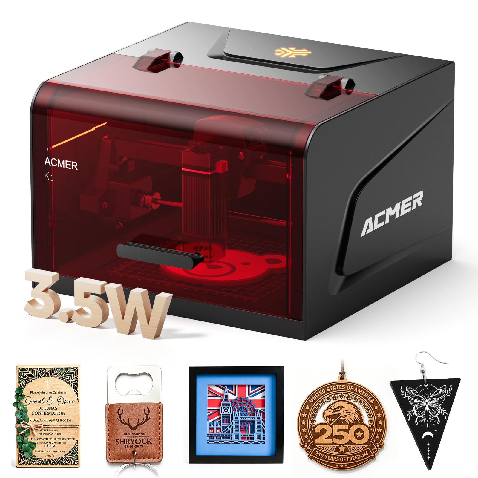 ACMER K1 Laser Engraver 3.5W,Class 1 Enclosed Desktop Laser Cutter & Engraver with 150×150mm Work Area,0.08mm Precision Spot, Compact Portable Engraving Machine for Wood, Acrylic, Leather & DIY Crafts