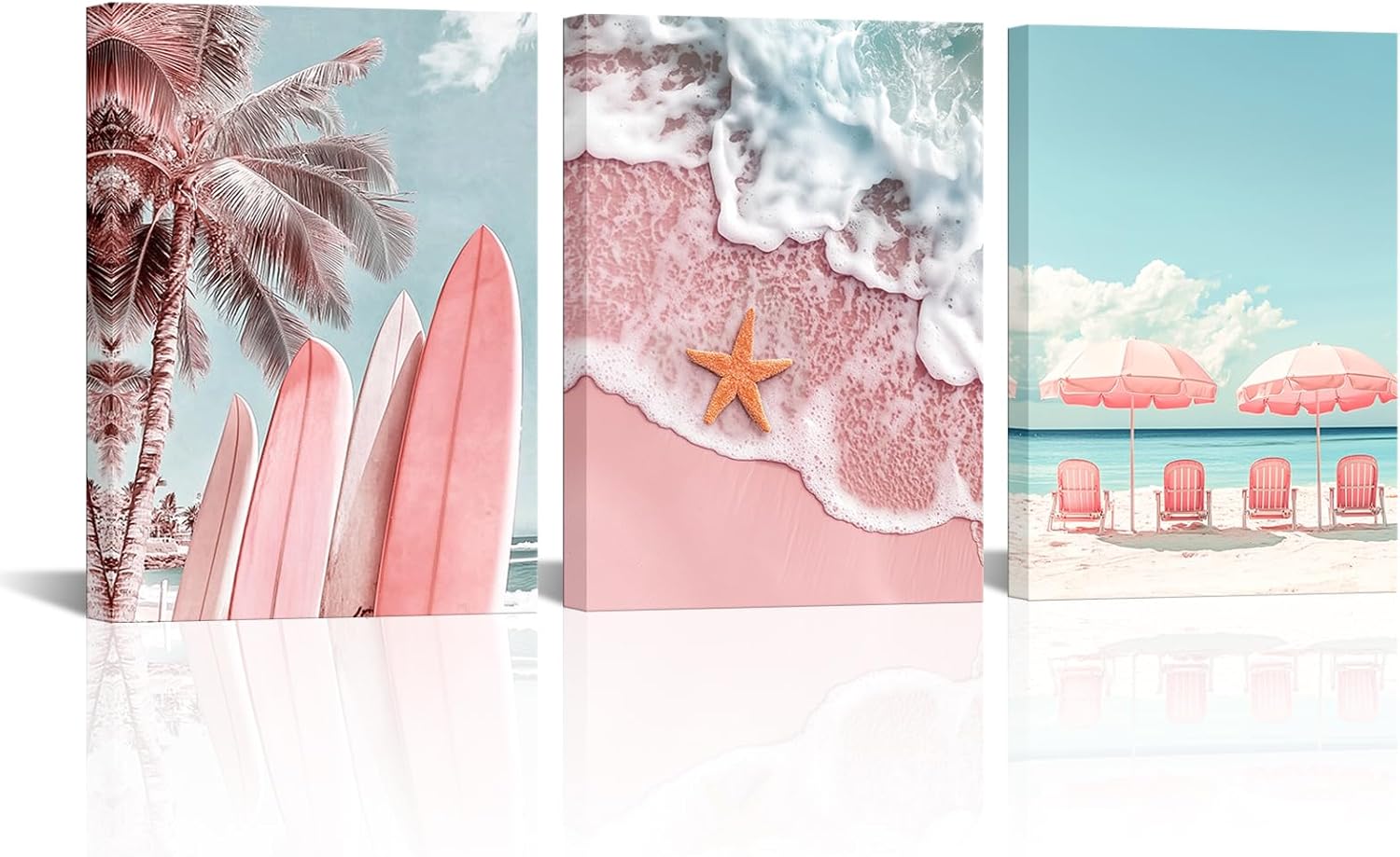 PoGoXiPoYo Pink Beach Theme Wall Art Canvas Prints Coastal Surfboard Starfish Palm Tree Hawaii Pictures Summer Modern Artwork Wall Decor for Bathroom Girls Room Decorations 12"x16"x3