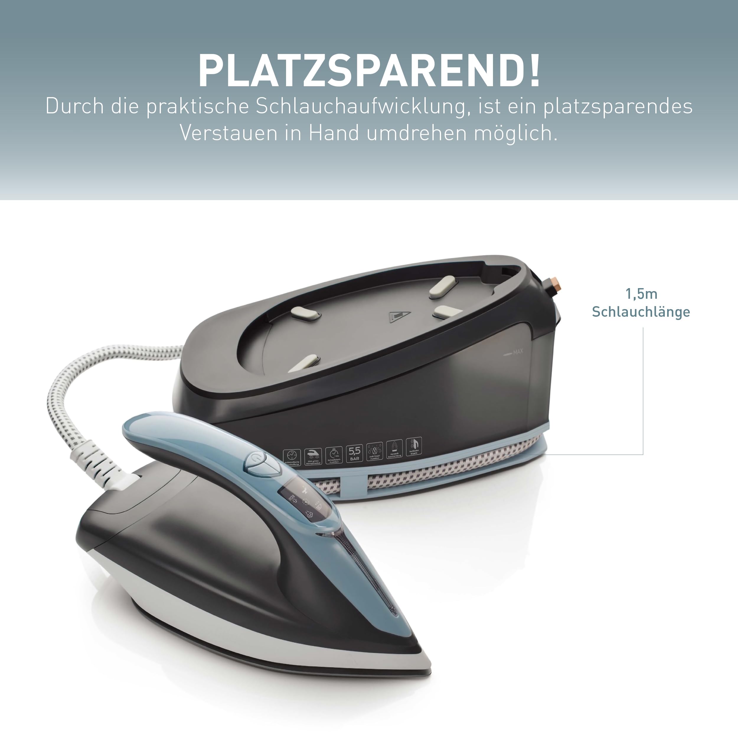HEINRICHS Dampfbügelstation, 250 g/min Dampfstoß, 5,5 Bar Druck, 3 Funktionen, integriertes Display, großer 1,5 L Wassertank, Keramikbügelsohle, Selbstreinigungsfunktion, 3200 W Leistung, Schwarz-Blau