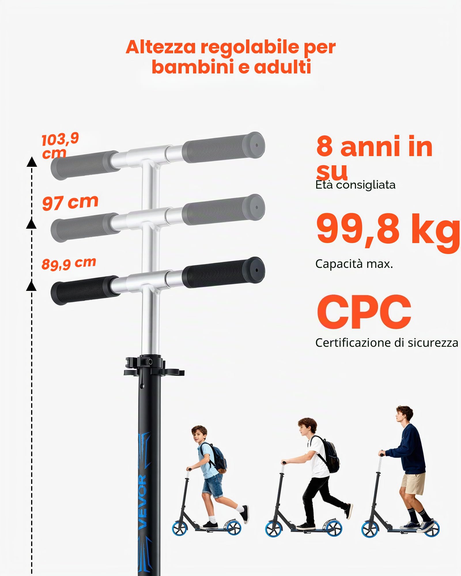 VEVOR Monopattino con 2 Ruote per Bambini da 8 Anni, Monopattino Pieghevole per Mobilità Urbana Carico max. 100kg Altezza Regolabile a 3 Livelli, Pedana Antiscivolo e Freno a Pedale, Blu