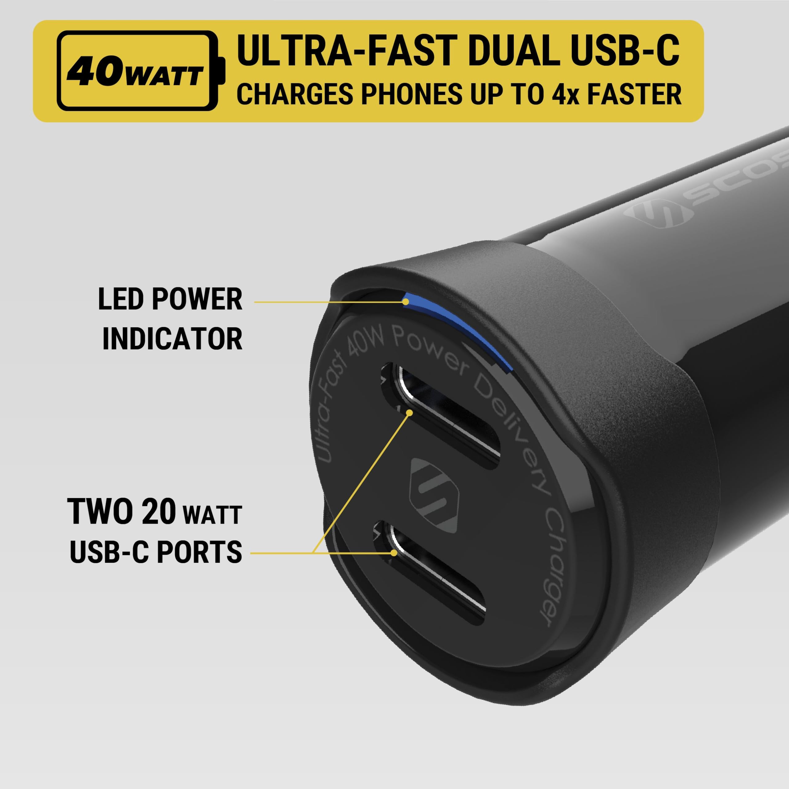 Amazon.com: Scosche CPDCC40M PowerVolt 40W Certified Dual Port USB-C Car  Charger, Flush Cigarette Lighter Adapter, Fast Charging Car Plug for 12V  Power Outlet Compatible with iPhone, Galaxy and All USB-C Devices :