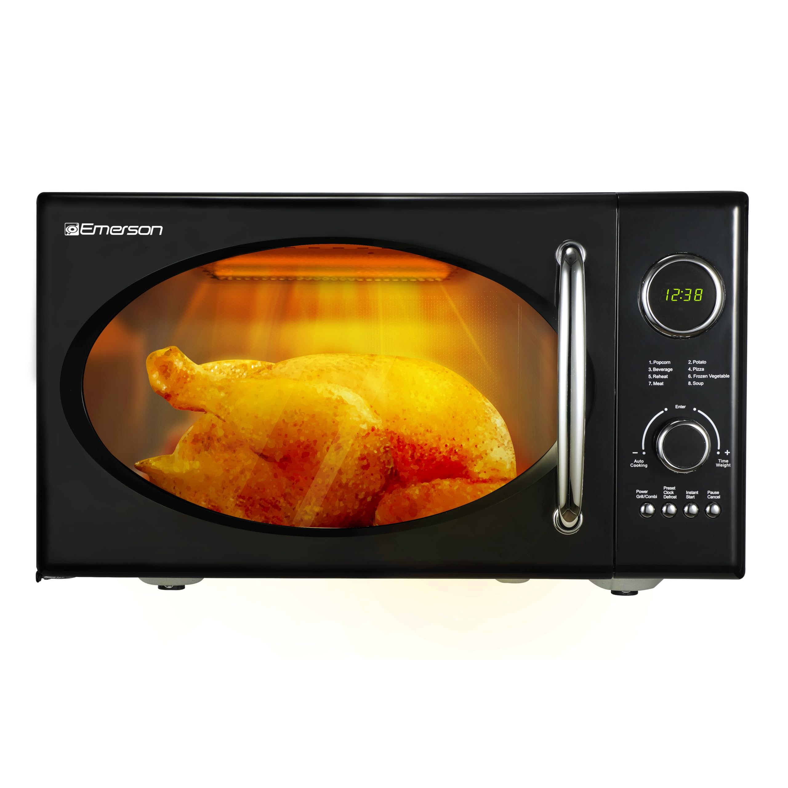 Emerson MWRG0901BK Retro Compact Countertop 800W Microwave Oven with 1,000W Grill Function, LED Display, 5 Power Levels, 8 Auto Menus, Glass Turntable and Child Safe Lock, 0.9 Cu. Ft., Black