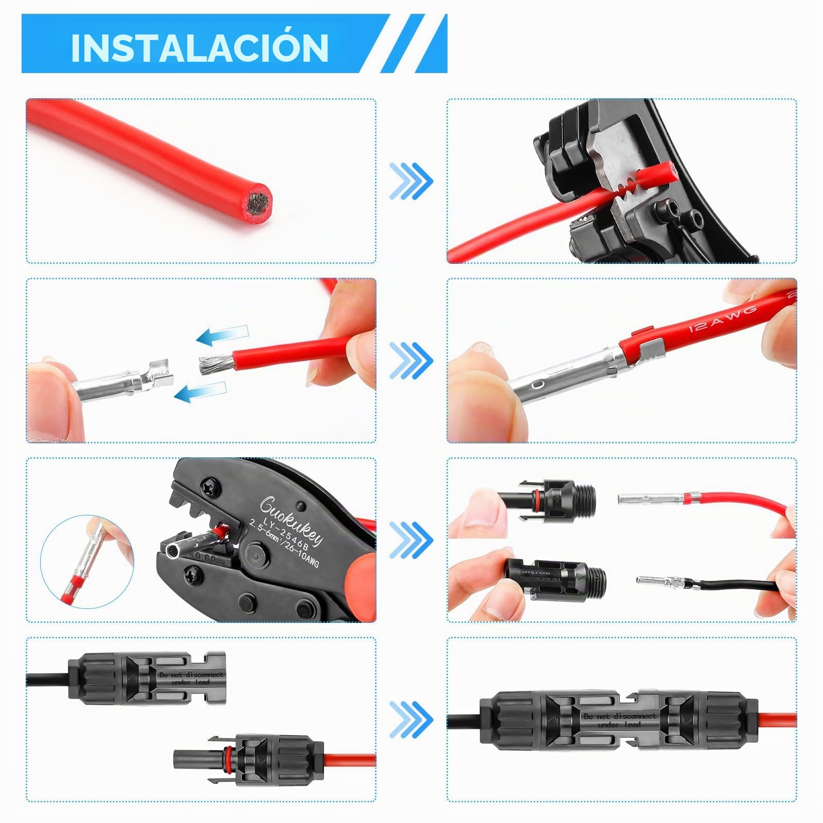 Juego de crimpadora solar para cable fotovoltaico de panel solar de 2,5/4/6 mm², 1 alicates de crimpado, 10 pares de conectores solares, 10 pares de conectores solares macho/hembra+2 conectores