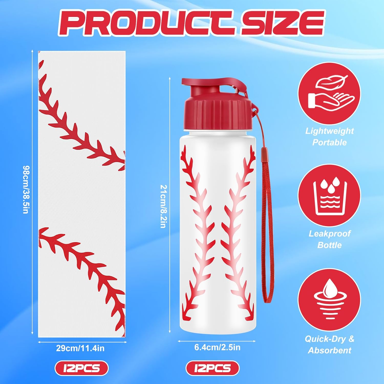 24Pcs Sport Party Favors 12 Pcs Reusable Baseball Water Bottle Bulk 20 oz 12 Pcs Soft Cooling Towels Sports Accessories for Party Favor Players Lovers Team Gifts (Baseball) - Image 2