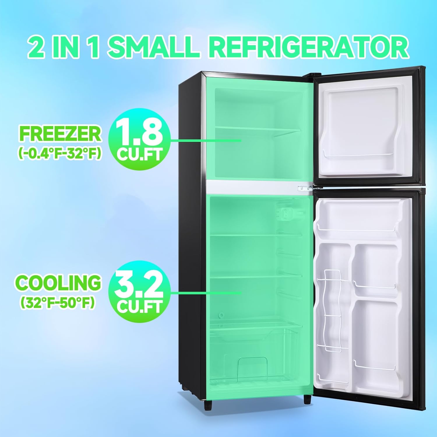 5.0 Cu.ft Refrigerator with Freezer Small Fridge Drink Holder Double Door Refrigerator Adjustable Glass Shelves for Home,Apartment,Office Black