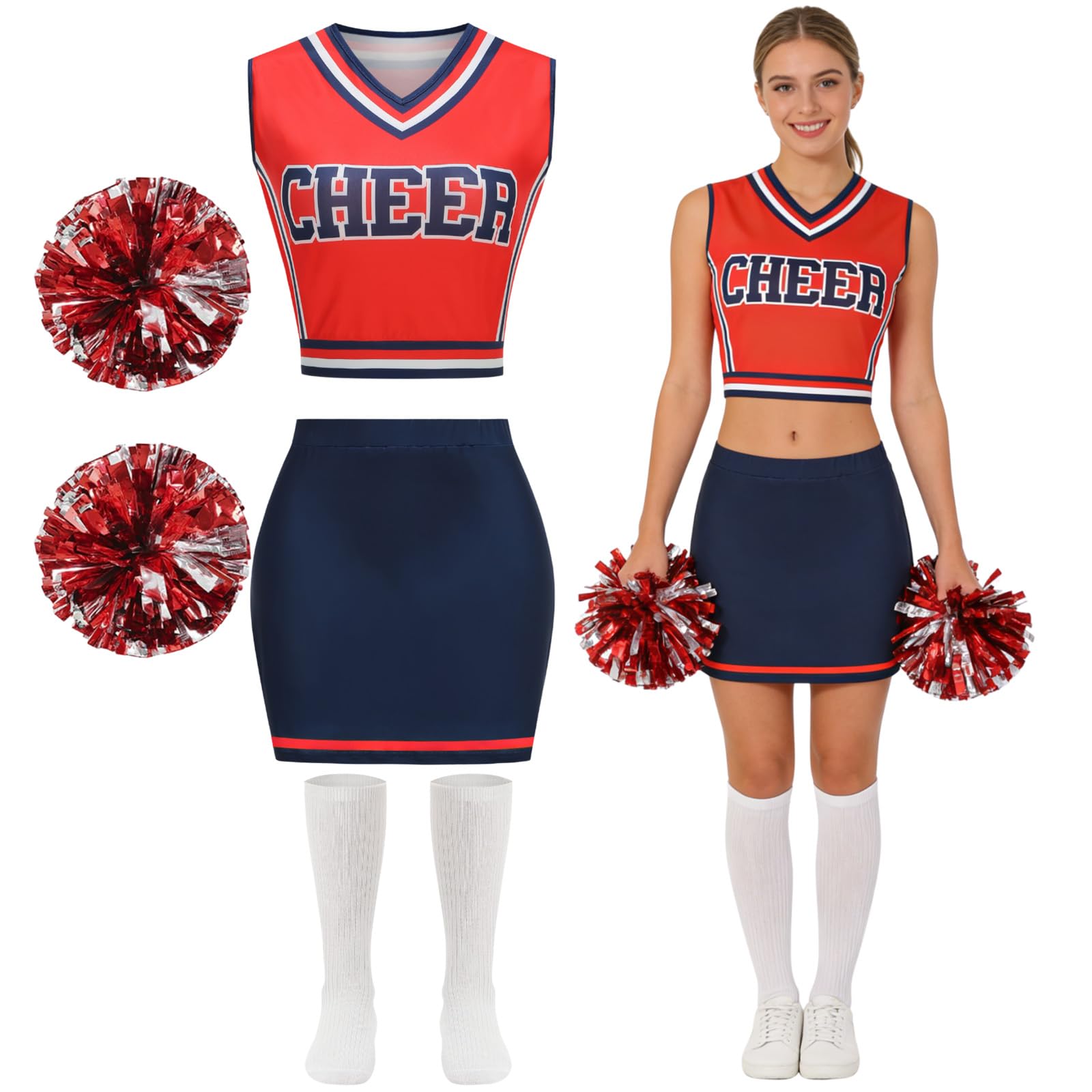 maxToonrain Womens Cheerleading Costume Outfit Set, 4 Piece Cheerleader Fancy Dress Adult Cosplay (Medium, Red)