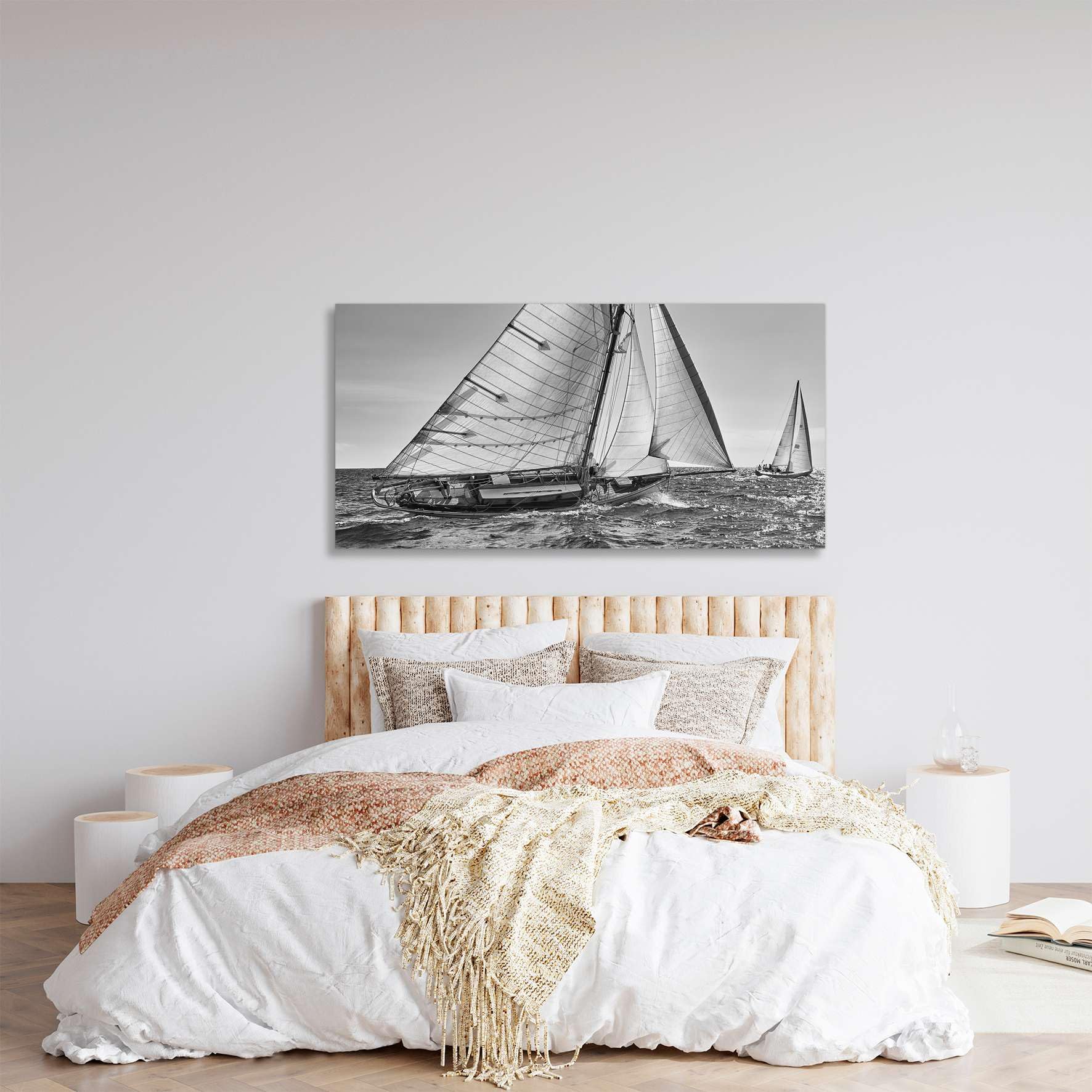 Generico Barca a vela in bianco e nero - quadro stampa su tela con telaio in legno - 160x80 cm