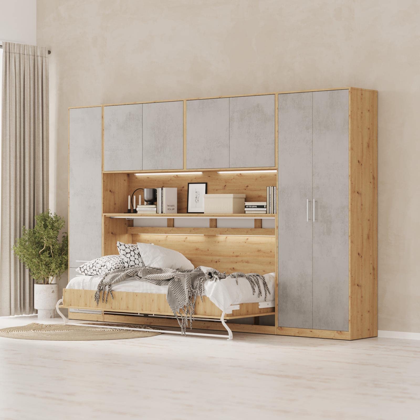 SMARTBett Wohnwand Schlafzimmer Jugendzimmer Gästezimmer Set mit Schrankbett 90x200 + 4 Schränke Wildeiche/Beton