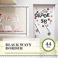 Vista 6 de Leinuosen Bordes de 50.5 pies para tablón de anuncios, 44 piezas, bordes festoneados de línea ondulada en blanco y negro con 20 hojas de puntos