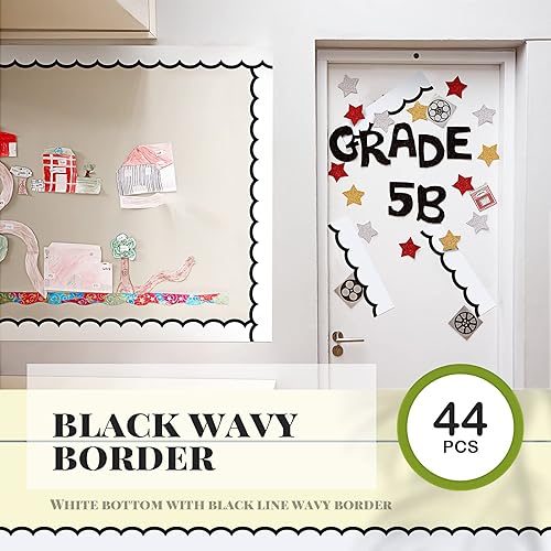 Miniatura 6 de Leinuosen Bordes de 50.5 pies para tablón de anuncios, 44 piezas, bordes festoneados de línea ondulada en blanco y negro con 20 hojas de puntos