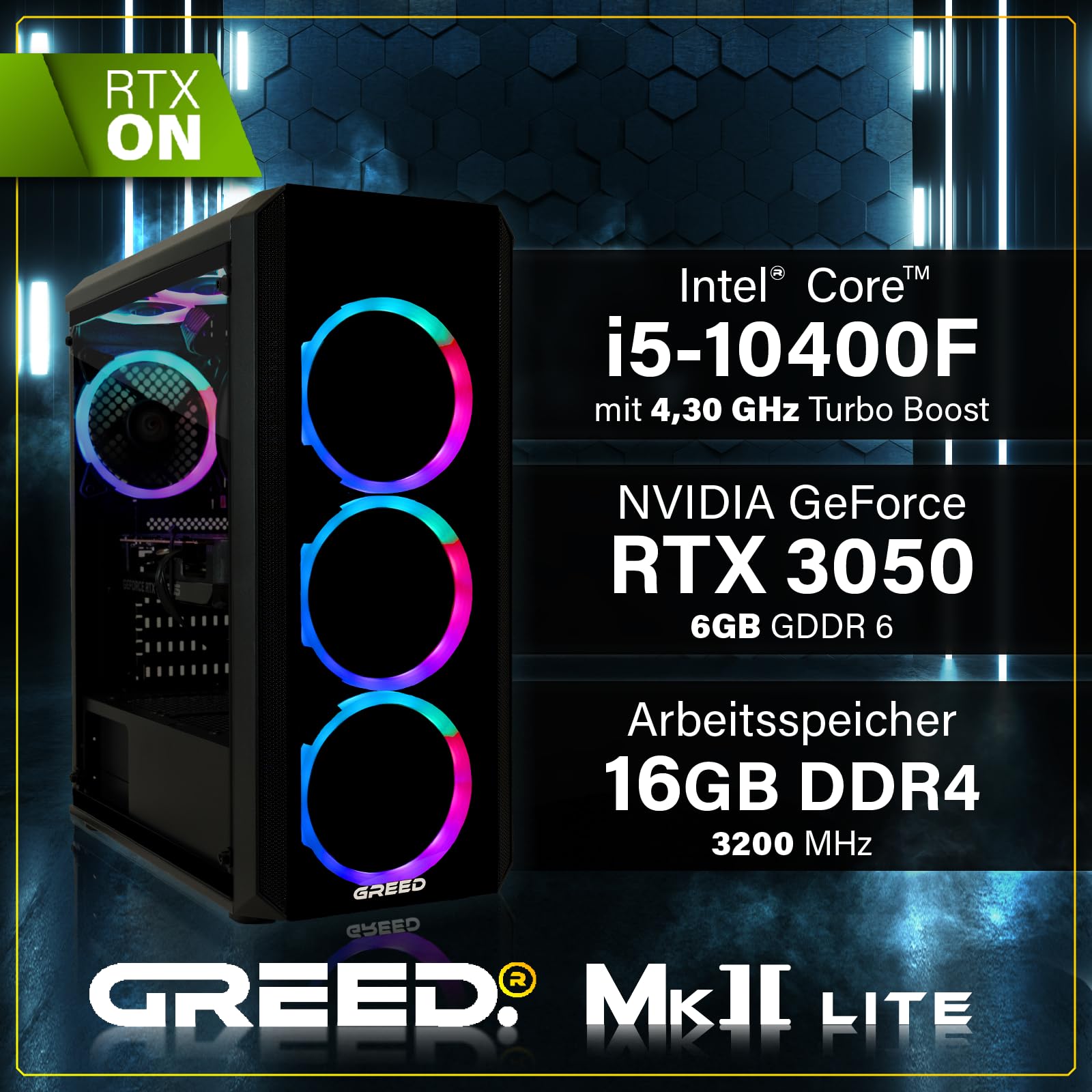 Greed® MK2 Basic - Entry Gaming PC mit Intel Core i5 10400F + Nvidia Geforce RTX 3050 - Ultra Schneller RGB Computer + 4K Raytracing Rechner mit 4,30 GHZ - 16 GB DDR4 RAM - 512 GB SSD - WLAN + W11 Pro