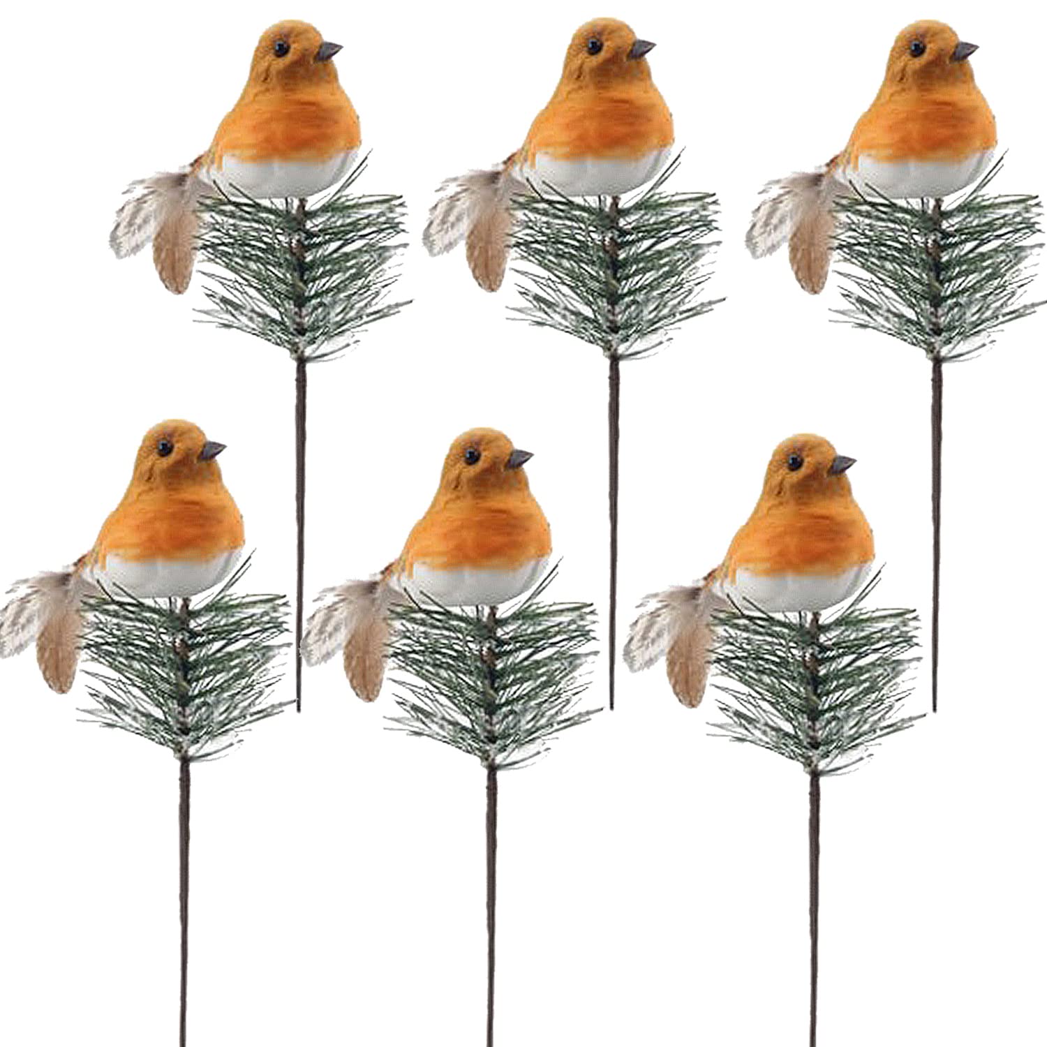 Kksty Orange Pack Of 6 Artificial Christmas Picks Sprays With Robin Bird Faux Pine Stems Branches For Xmas Decoration Garland Wreath Making Supplies Holiday Festival Home Garden Décor