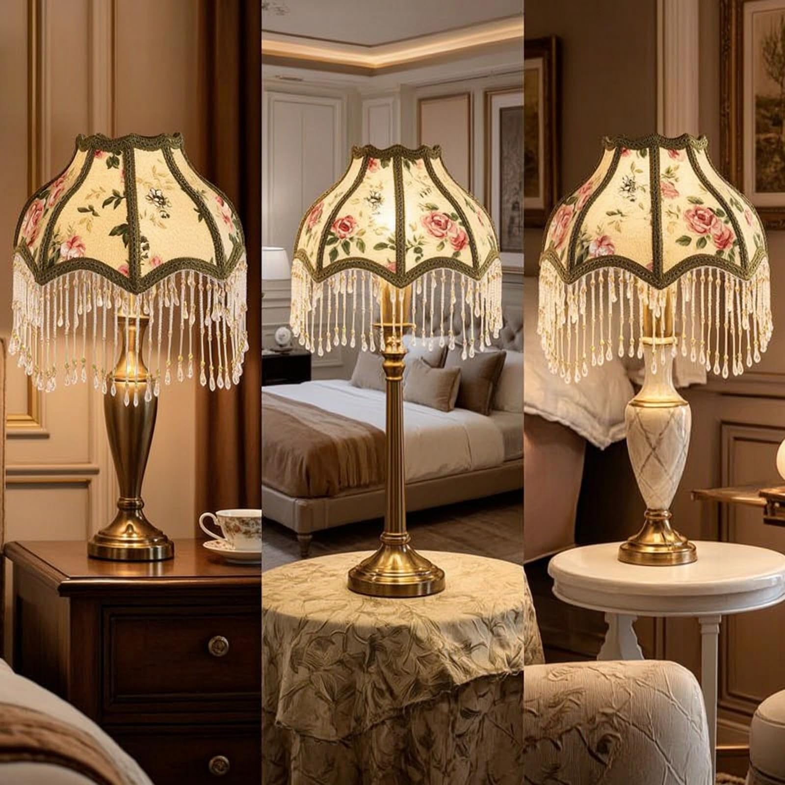 Lampenschirm mit Fransen Viktorianisch Stofflampenschirm Vintage Ersatzschirm für Schlafzimmer, Hotel, 11x32x16 Cm, Samtstoff Mit Fransen Und Perlenanhängern