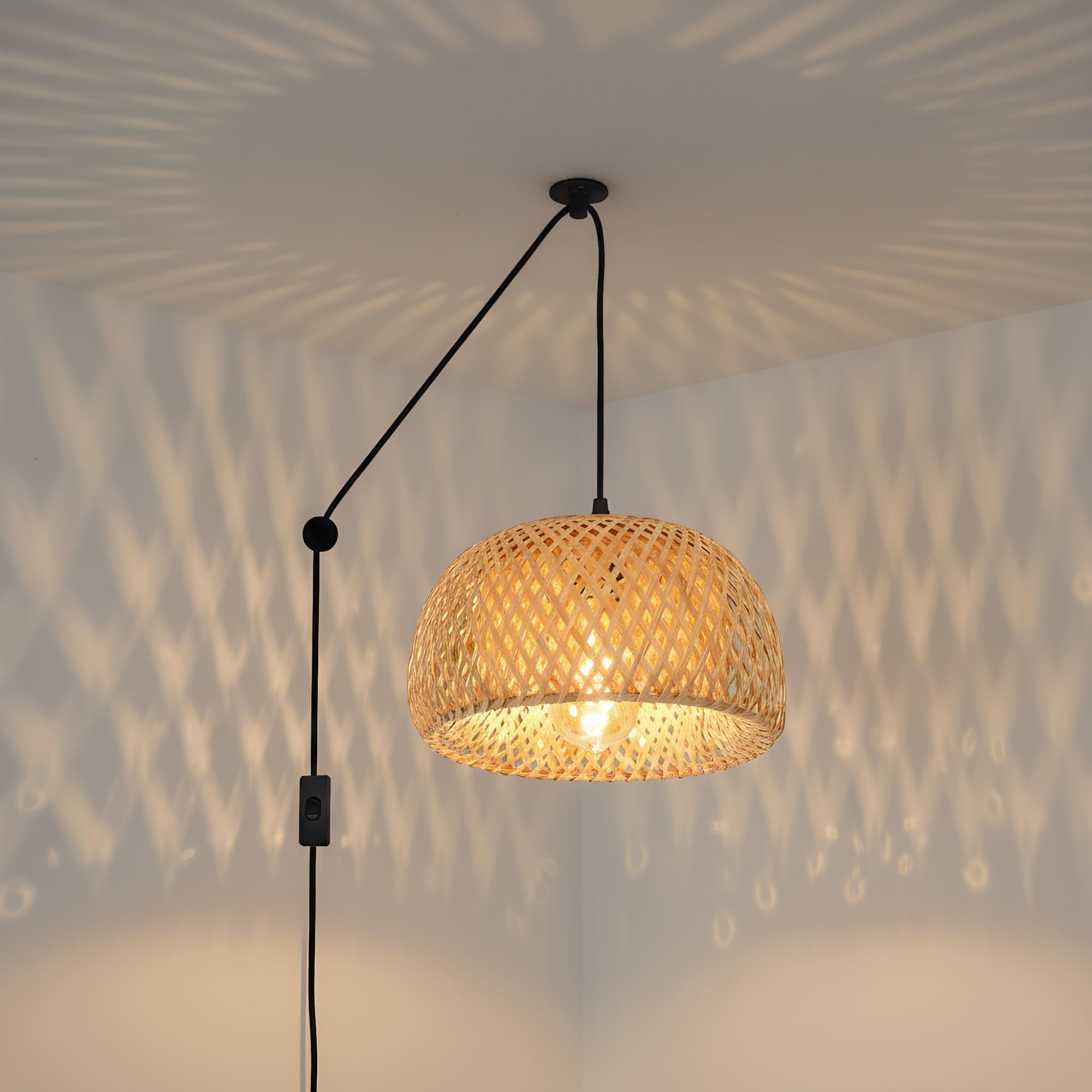 BARCELONA LED -YONNA Wisząca Lampa z Rotangu, Ręcznie Robiona Lampa Wisząca z Regulowanym Kablem i Wtyczką, Oprawka E27, Lampa Dekoracyjna do Salonu, Sypialni, Kawiarni, Styl Boho, Skandynawski