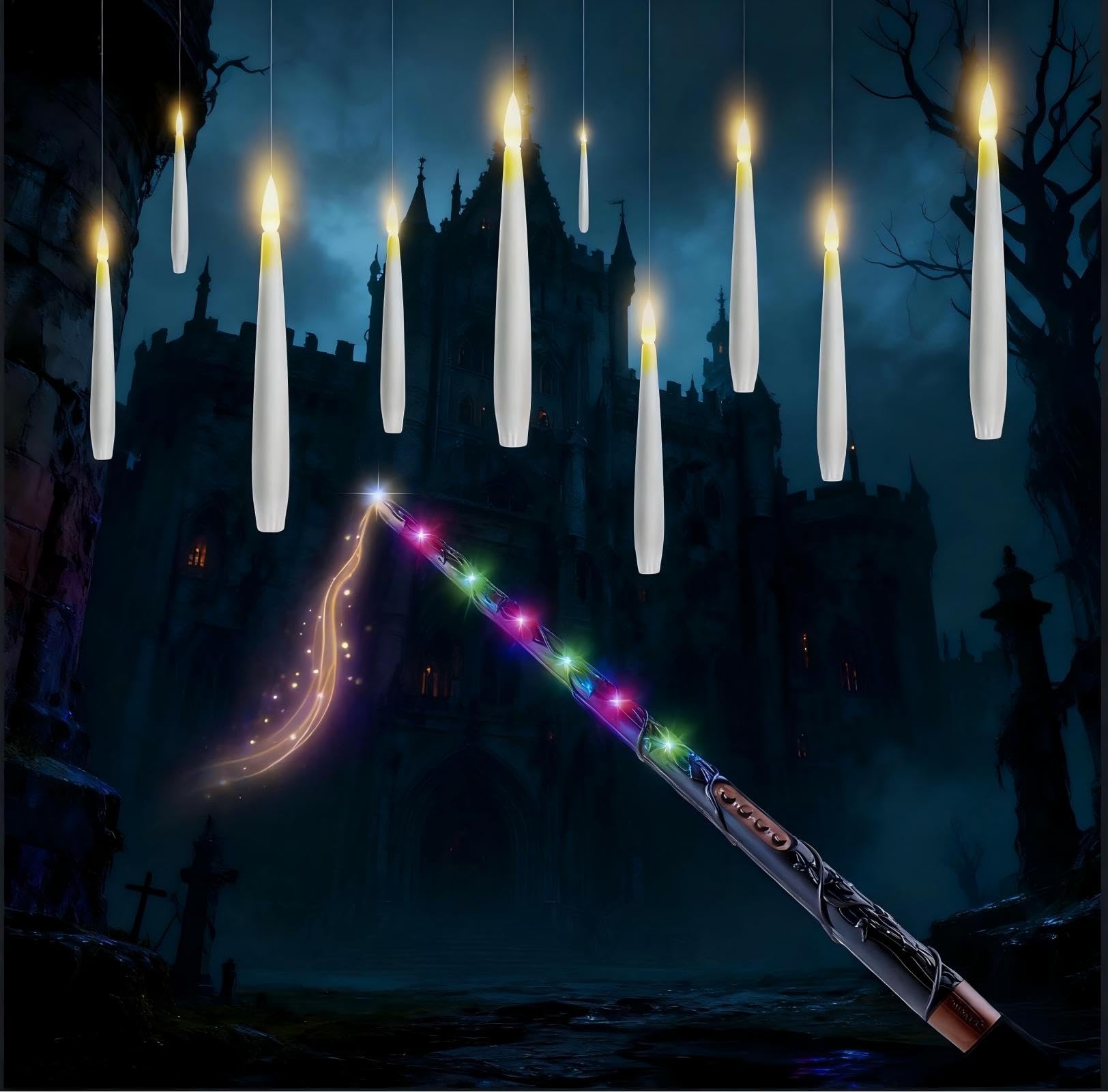 Besight 10 Stück LED Schwebende Kerzen mit Zauberstab Fernsteuerung, 2 Timer Funktionen, Batteriebetrieben, LED Hängende Flackernde Floating Candles für Halloween Deko Weihnachtsdekoration