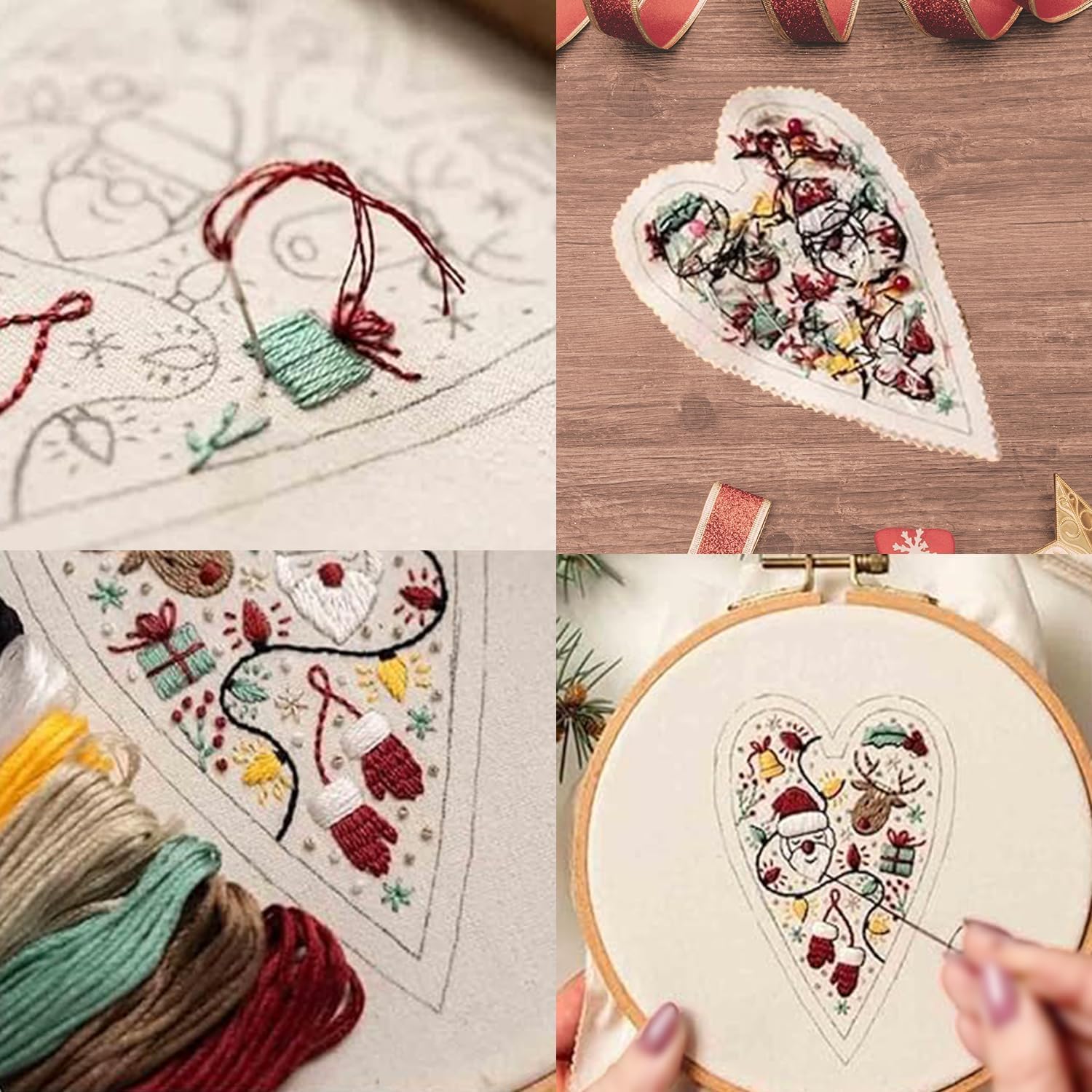GINGER TECH DIY Heart Embroidery Christmas Decoration, Christmas Embroidery Kit for Beginners, DIY Heart Shaped Hand Embroidered Christmas Ornament Kit with Needles and Thread (8PCS A+B)