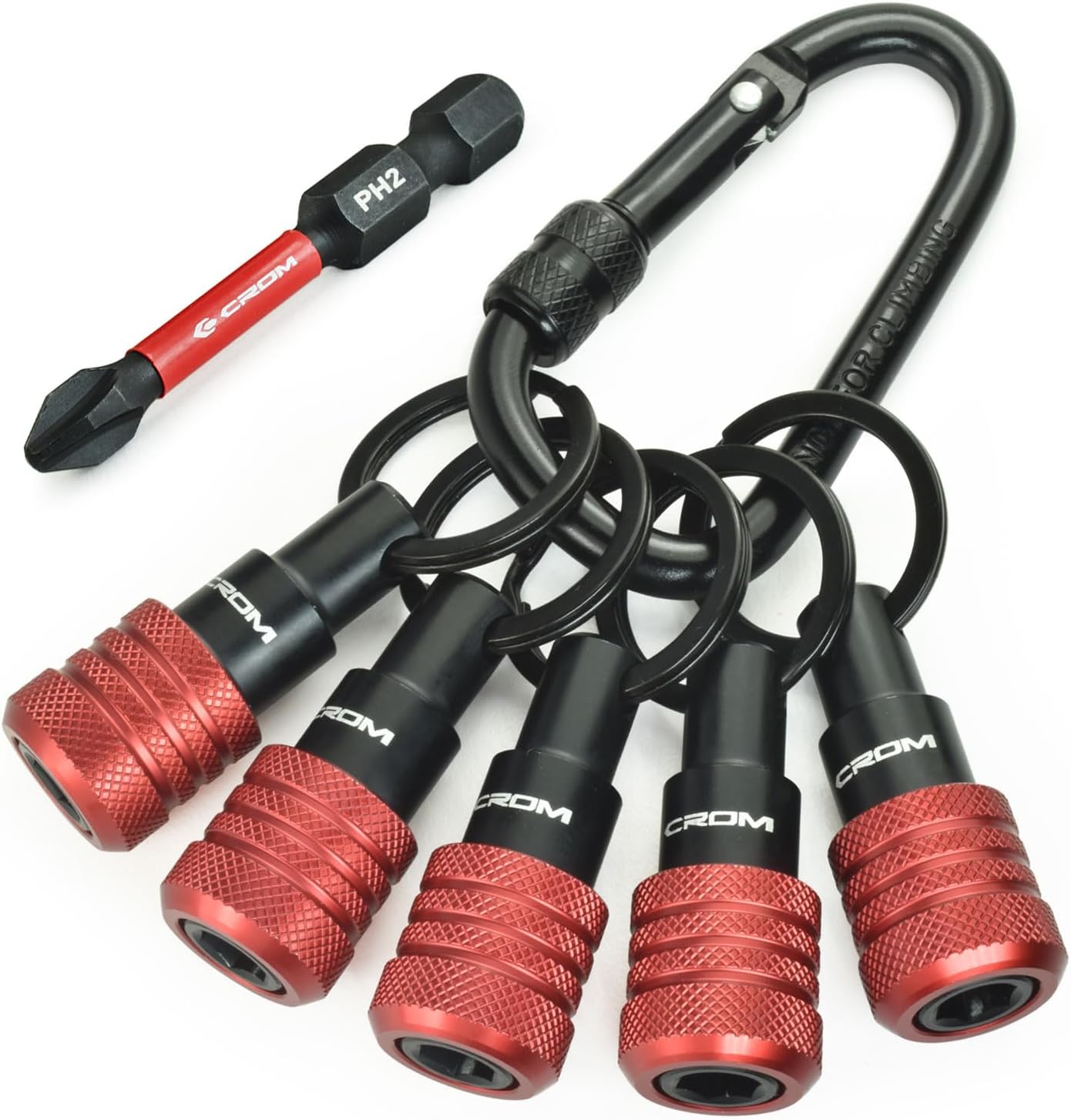 CROM 5-Piece Bit Holder Keychain –1/4-Inch Hex Shank Organizer Set with Locking Carabiner, Everyday Carry Accessory, Includes 2-Inch #2 Phillips Bit