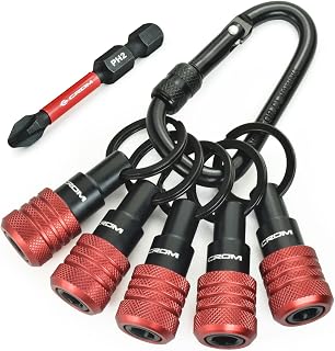 CROM 5-Piece Bit Holder Keychain –1/4-Inch Hex Shank Organizer Set with Locking Carabiner, Everyday Carry Accessory, Includes 2-Inch #2 Phillips Bit