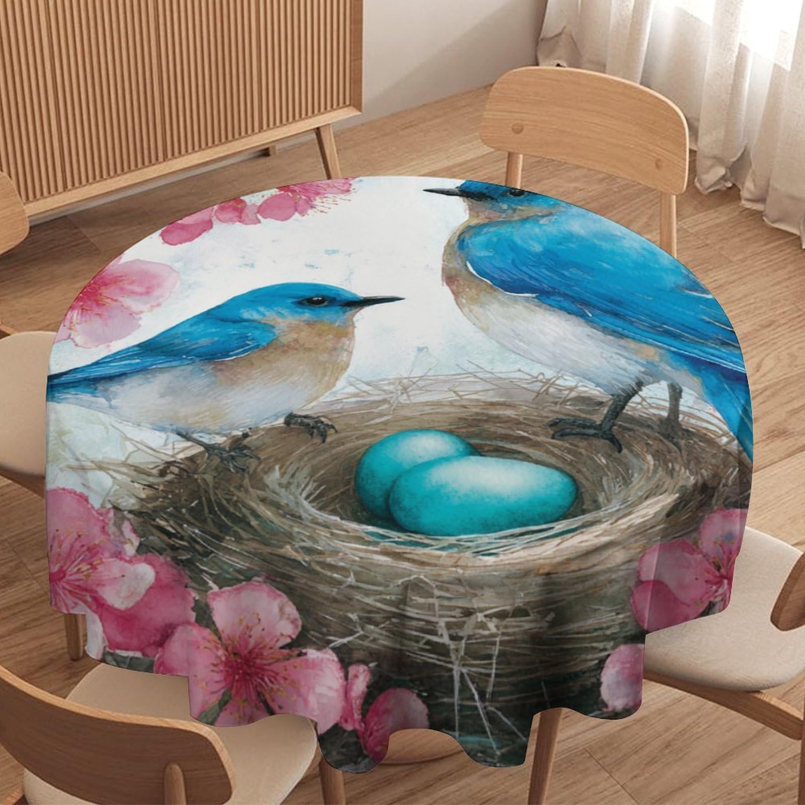 LUYYSKY Vintage Cute Bird Family Waterproof Round Tablecloth Colorful Watercolor Japanese Cherry Blossom Tree Animal Blue Bird Washable Table Cover for Kitchen-91.4" Wx91.4 L cm