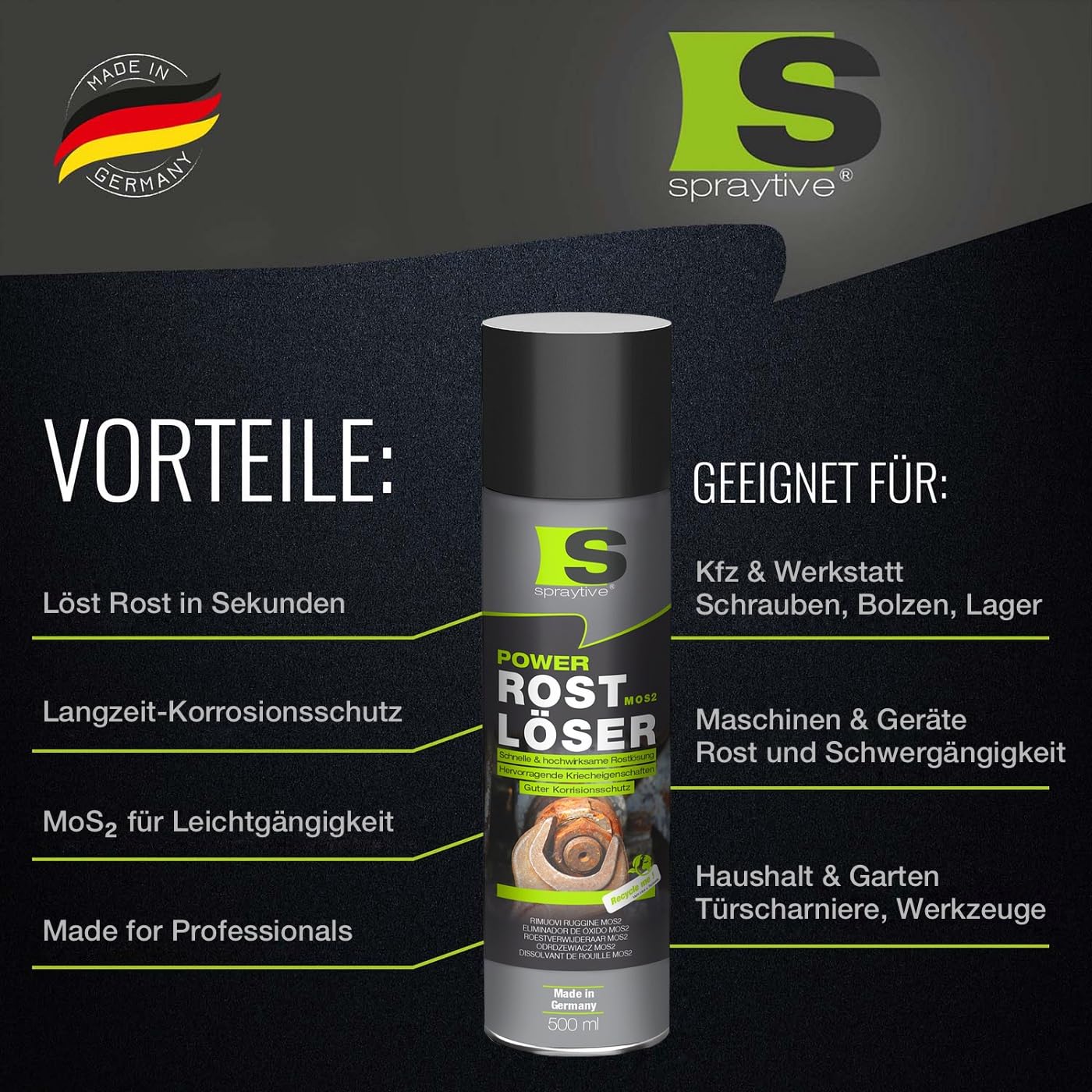 30 x 500 ml Power Rostlösmittel MoS₂ Spray – Limpiador de óxido altamente eficaz con lubricante sólido – Se arrastra, baja fricción y anticorrosión – Para coches, talleres e industrias
