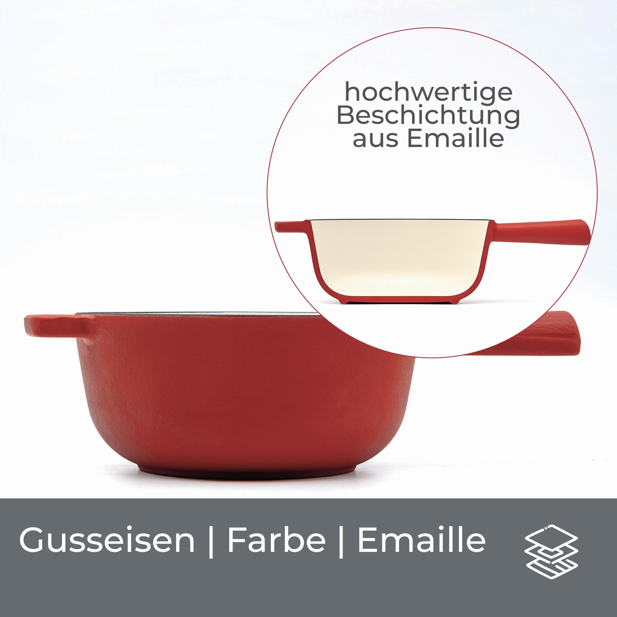 osoltus Fondue | Käsefondue | Fleischfondue Set Gusseisen 6 Personen Emaille | 13 TLG. inklusive Holzbrett und Fonduegabeln (rot matt)