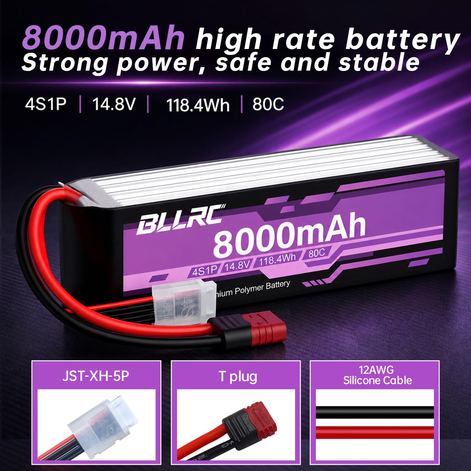 Batteria al litio 4S da 14.8V, 80C, 8000mAh con connettore a T, adatta per auto RC, camion, veicoli fuoristrada, quadricotteri, droni per fotografia aerea, aeroplani RC ed elicotteri RC