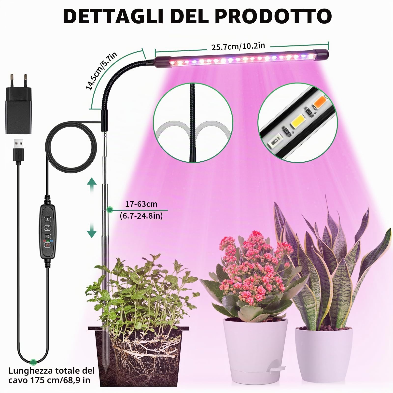 Luce per Piante, Lampada per Piante a Spettro Completo Regolabile in Altezza con Timer 3/9/12 Ore, Lampada per Piante con Adattatore, 10 Luminosità, 3 Modalità, Ideale per Piccole Piante