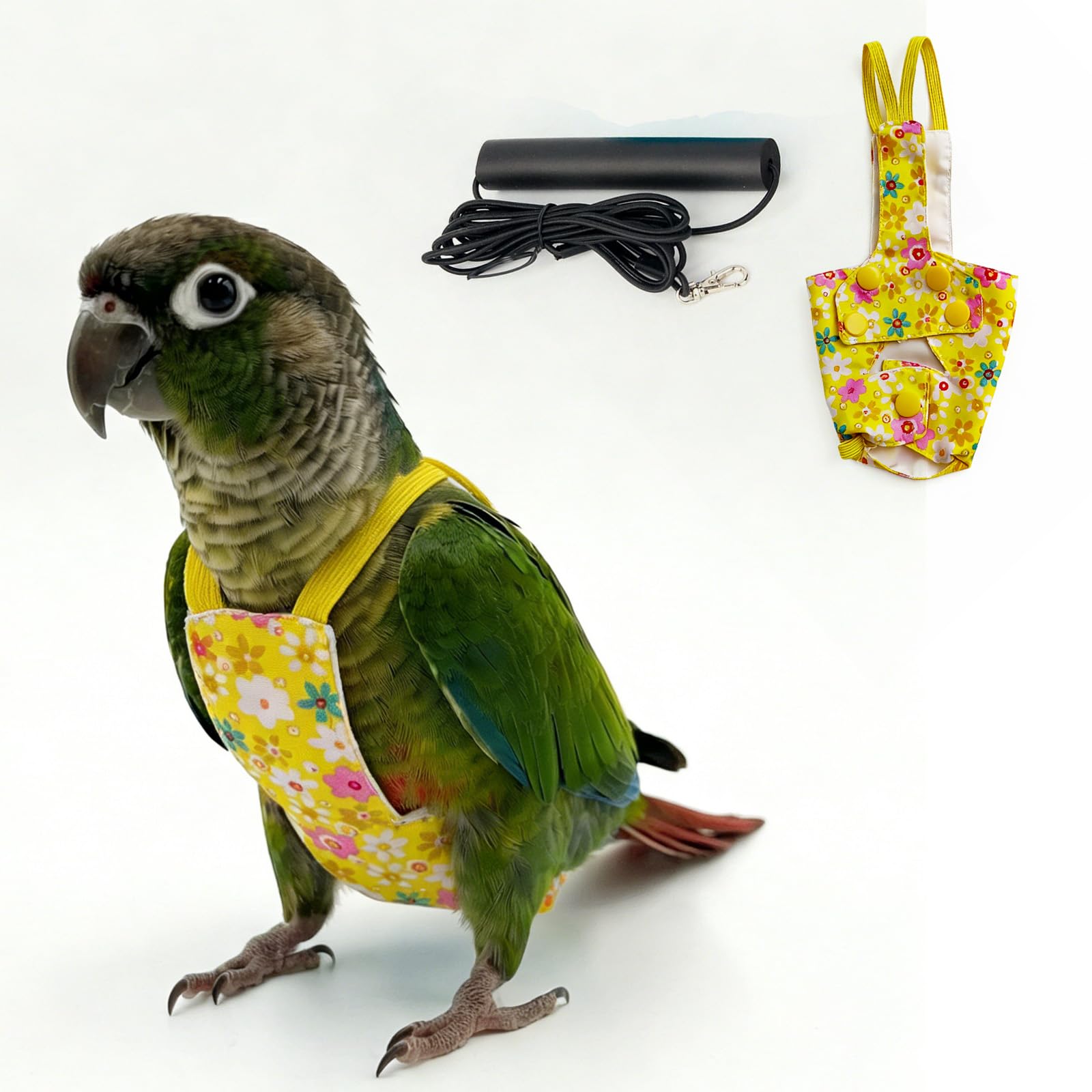 Bird Flight Harness Vest, Snap-Fastener Design Harness Vast, Bird Flying Clothes with Rope and Handle for Parakeets Cockatiels Conures Budgies(Yellow flower - vest + traction L)