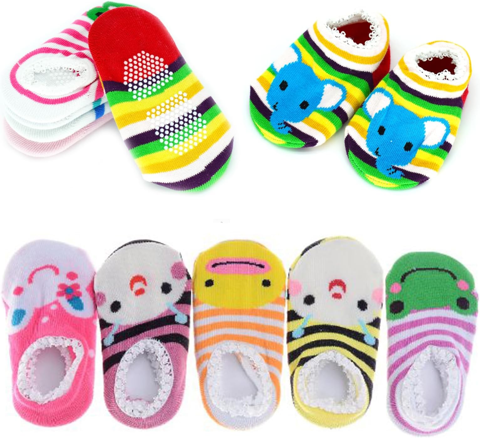 Fly-love® 5 Pairs Cute Baby Toddler Stripes Anti Slip Skid Socks No-Show Crew Boat Sock For 6-18 month