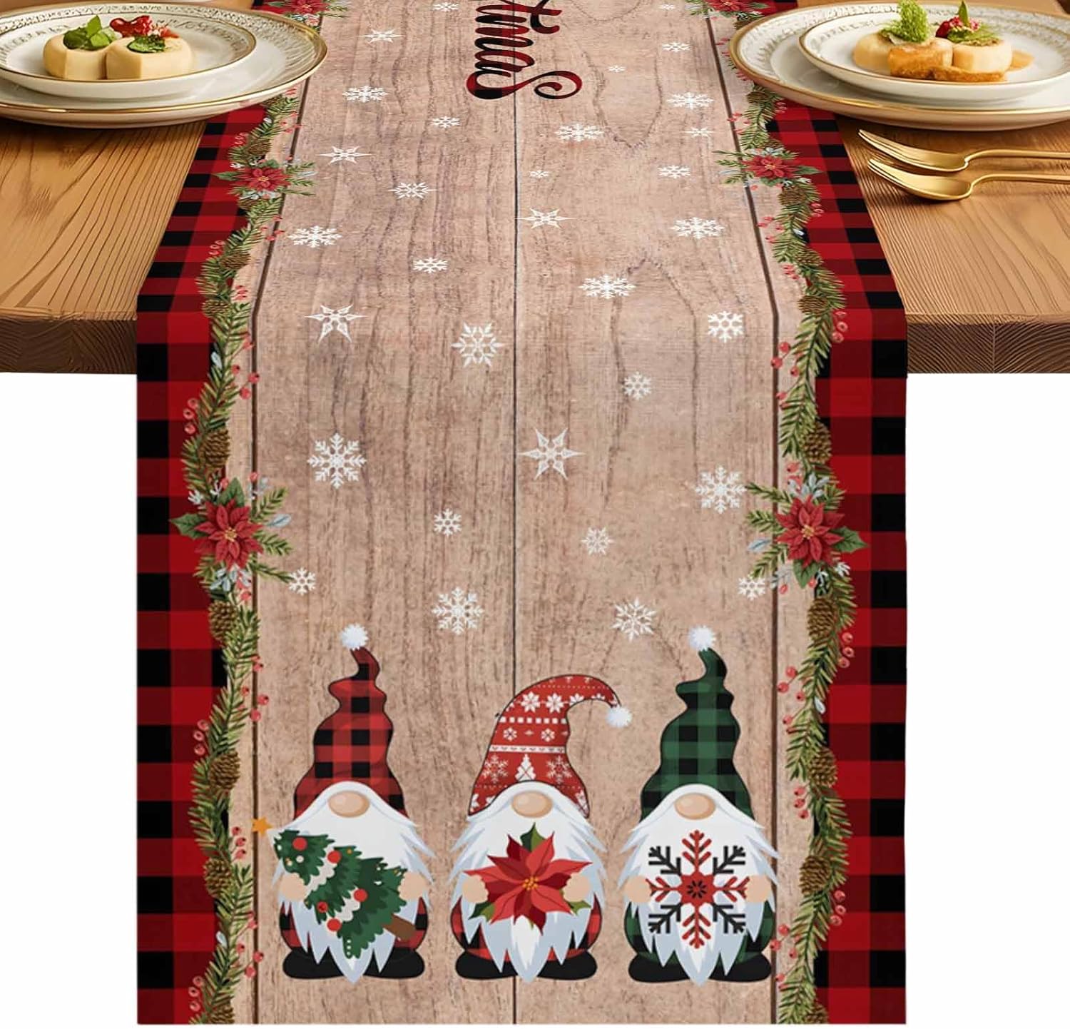 Gnomes Christmas Decorations Table Runners Cotton Linen Farmhouse Buffalo Plaid Red Black Non-Slip Rectangle for Party Kitchen,Home ,Dining Table ,Outdoor,Extra Long 13X120 Inches Winter Snowflakes