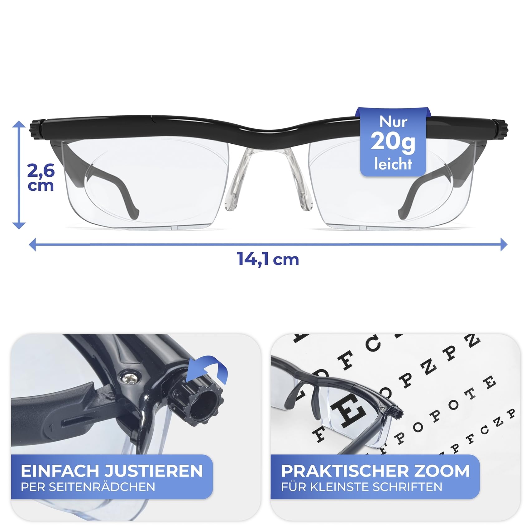 Maximex Seeplus Zoom Lesebrille, Brille mit 2,8-facher Vergrößerung, von +0,5 bis +4 Dioptrien, Schwarz