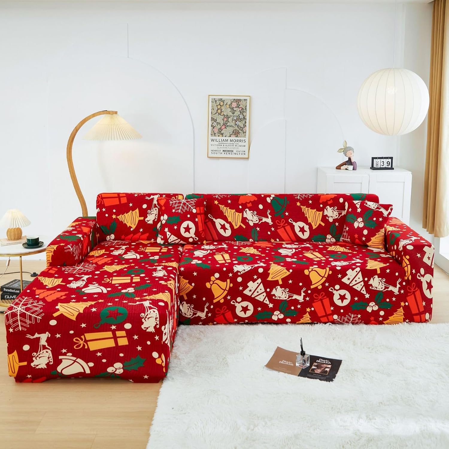 Christmas Couch Cover for L-Shape Sectional Sofa Cover, 2/3/4 Seater Christmas Sofa Slipcover Washable Furniture Protector Holiday Decor (B,1Seat/35~55'')