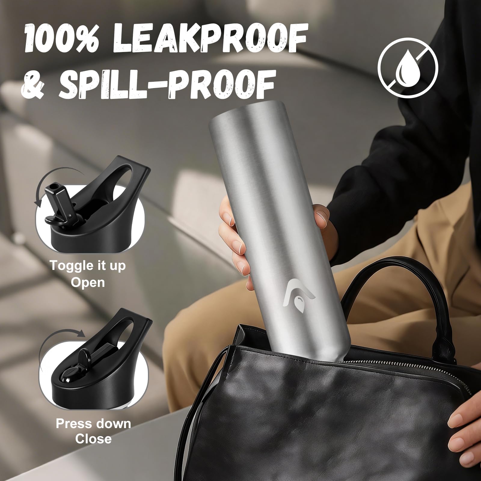 JAPORIA Borraccia Acciaio Inox 1L, Termos con Cannuccia, a prova di perdite, Riutilizzabile, senza BPA, Bottiglia per Uffici, Viaggio, Ciclismo