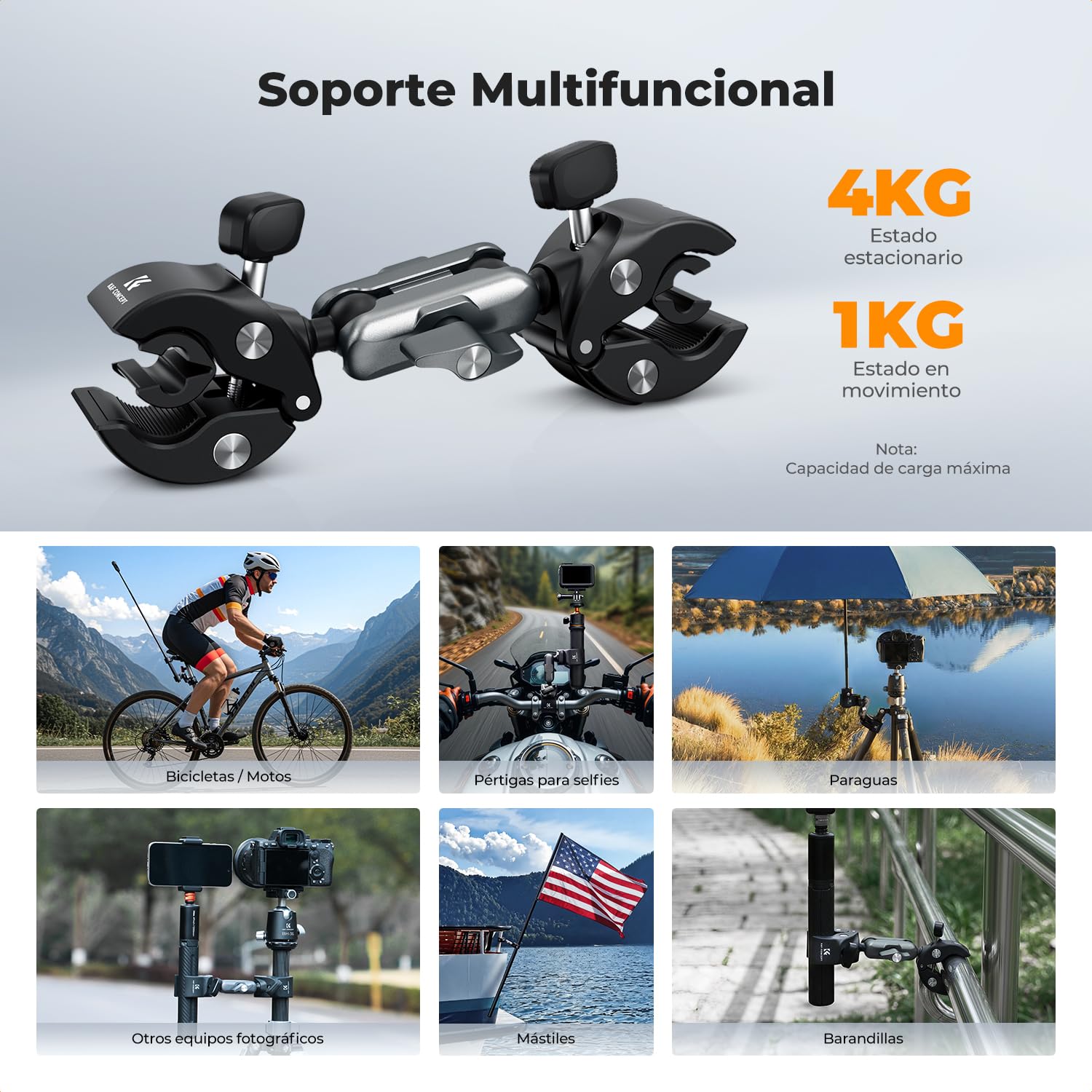 K&F CONCEPT Soporte de Cámara con Doble Abrazadera Súper y Cabezal de 360°, Montaje para Manillar de Bicicleta/Moto, para Poste, Trípode, Mesa, Bandera, Sombrilla — view 5