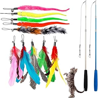 Cat Fishing Rod Stable with Feathers, 1 Set Cat Toy Rod with Feathers, Kitten Wand Toy with 2 Retractable Cat Fishing Rod and 10 Replacement Bells for Cats and Cats product image