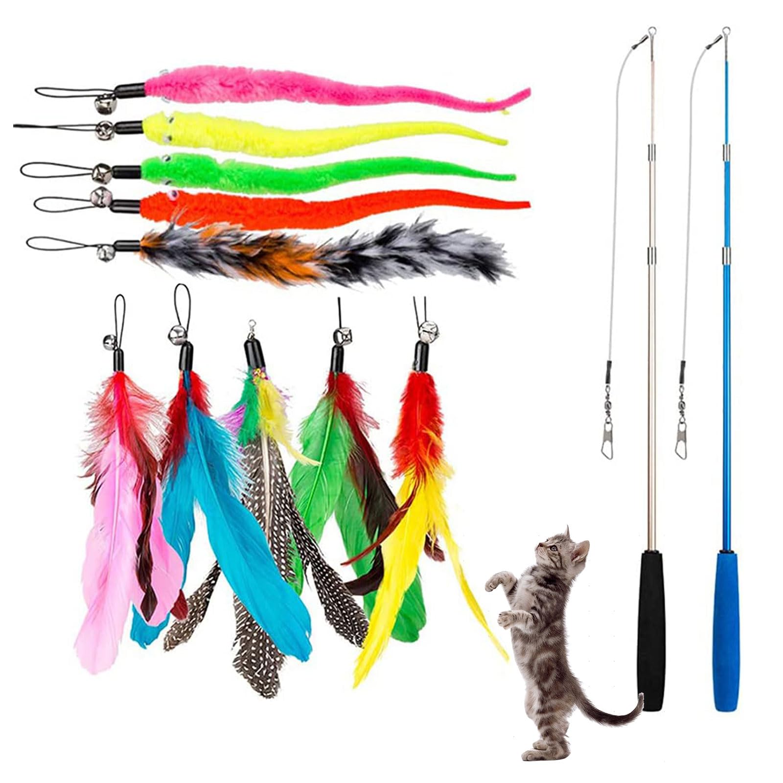 Plumas Caña Varita Mágica, Varita Retráctil para Gatos, Plumas Juguete Gato, Retráctil Tipo Palo de Gato, 2 Varita Retráctil y 10 Plumas de Recambio con Campana para Ejercitar Gatos, Gatitos,12 Piezas