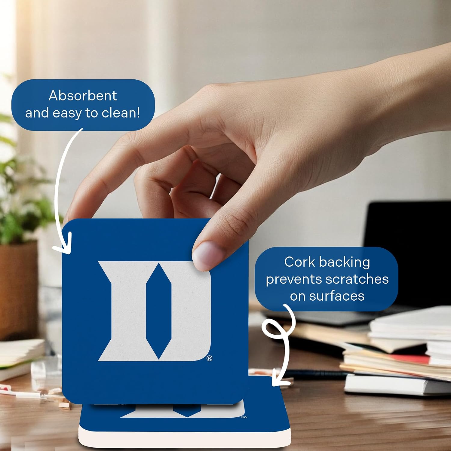 Desert Cactus Duke University Square Ceramic Coasters 4 Pack Blue Devils Absorbent Drink Coasters with Cork Backing (Design A)