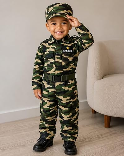 Kids Army Soldier Costume, Camouflage Jumpsuit with Cap and Belt