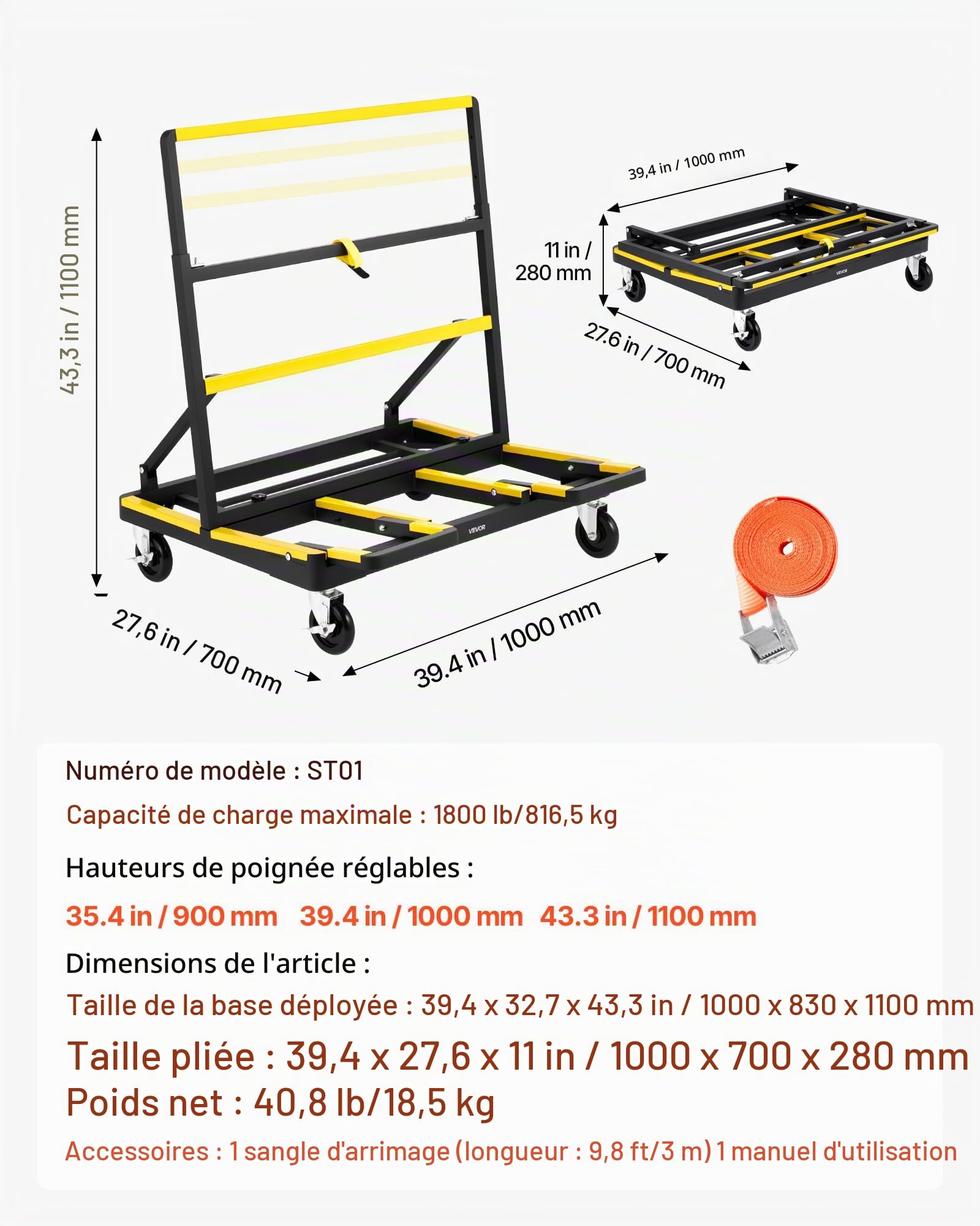 VEVOR Chariot Porte-plaques de Plâtre, Charge 816,5 kg, Chariot Porte-Panneaux de Cloisons Sèches, avec roulettes Pivotantes, Base Extensible, Sangle Arrimage, Bandes Antidérapantes, pour Transport